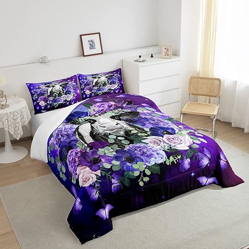 Miniatura 4 de Erosebridal Juego de edredón de vaca de las Highland para niños y niñas, juego de ropa de cama tamaño individual, diseño de mariposa y rosa morado,