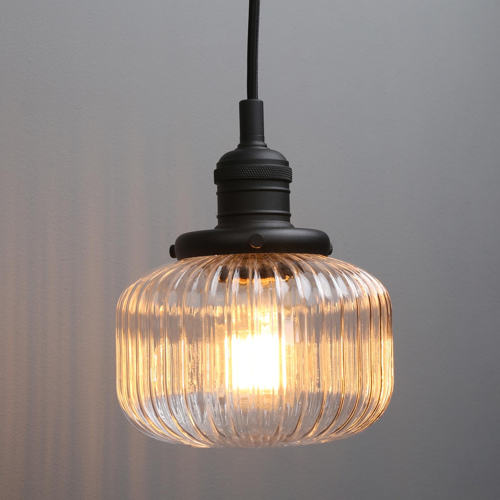Yosoan Industrial Vintage Loft Bar Striped Pendant Light Fixture, Glass Ceiling Light for Kitchen Island Living Room Bedroom (Black)