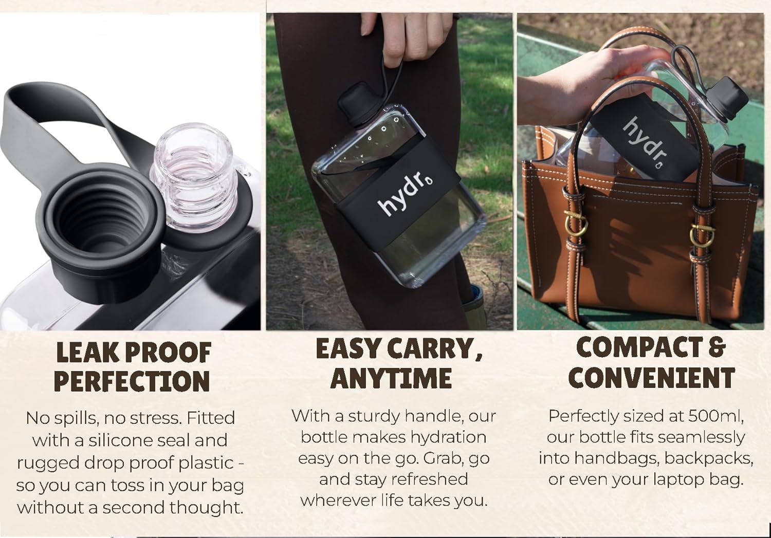 hydr | 17oz Flat Water Bottle For Purse & Flexible Cleaning Brush | Tritan BPA Free Square Water Bottle | Leak/Drop Proof Slim Water Bottles For Travel, small water bottles mini - Image 3