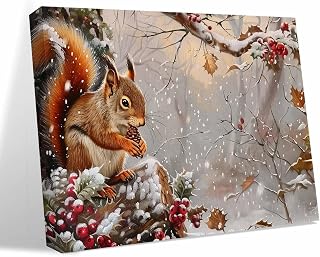 Canvas Wall Art - Christmas Squirrel on Holly Branch Red Berry Framed Wall Decor Canvas Painting Prints,White Snow Picture Oil Painting Artwork for Bedroom Living Room Office 36"x48"