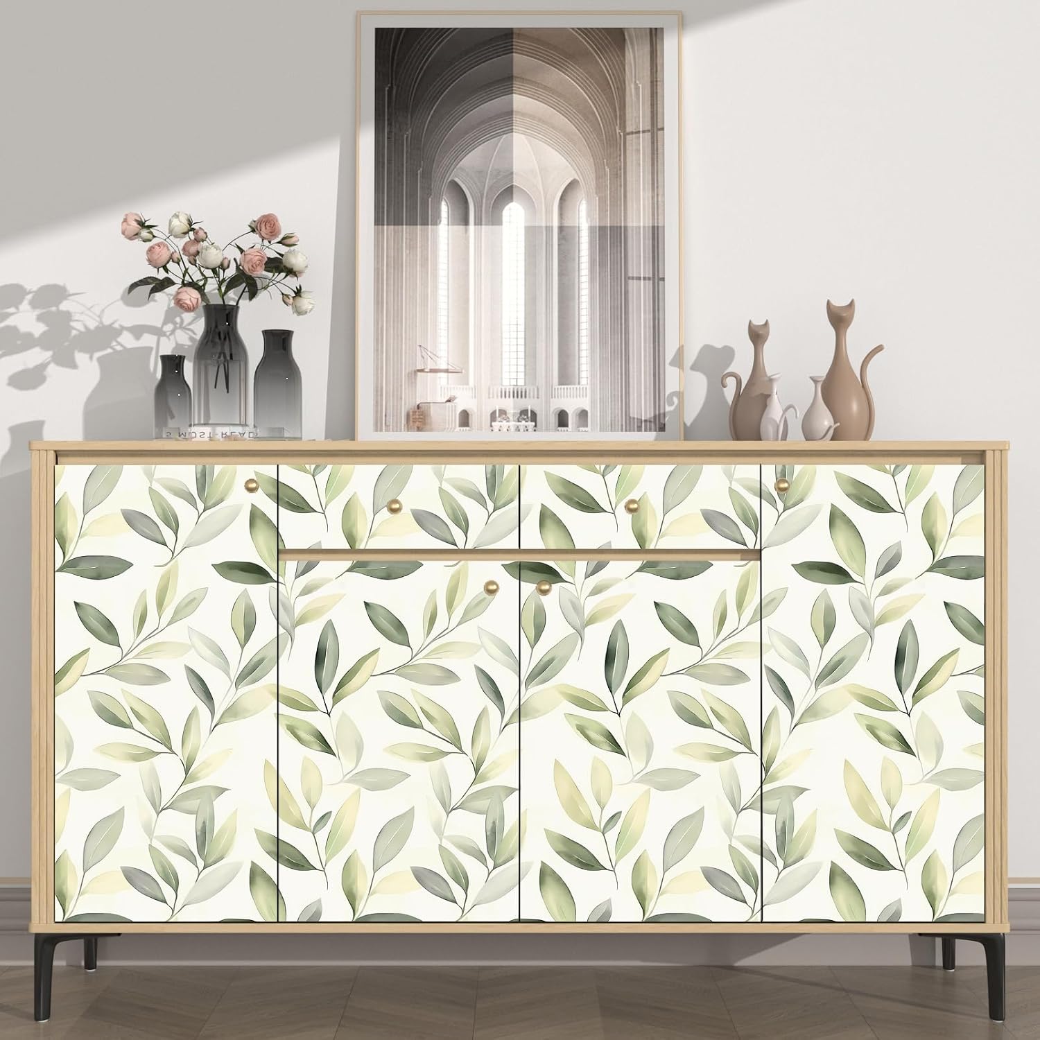 Laatse Green Leaf Wallpaper Peel and Stick, Vintage Beige Eucalyptus Contact Paper 17.5" x 393.7", Botanical Leaves Wall Paper Self Adhesive Removable Waterproof for Bedroom Shelf Cabinet Drawer Table