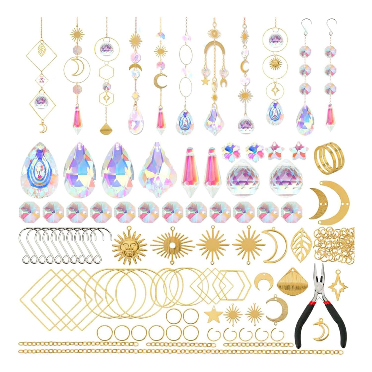 CTRLZS 200 Pcs Crystal,Sun Catchers with Crystals,Craft Kits for Adults, with Rainbow Maker, Prism, Pendants Easy to Use Gold