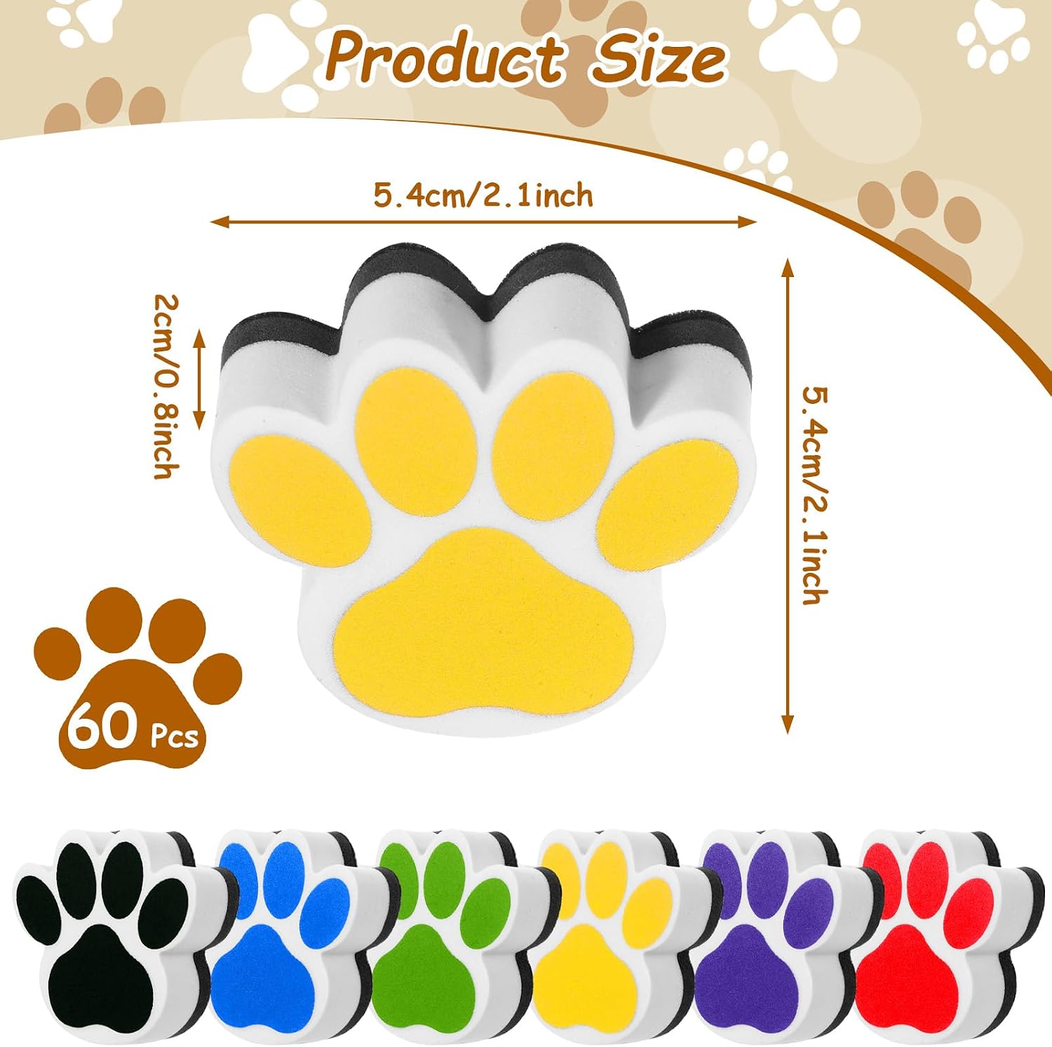60 Pcs Magnetic Dry Erase Eraser Paw Shaped Magnetic Whiteboard Eraser Small Fun Whiteboard Cute Tools for Classroom Office Supplies (Colorful)