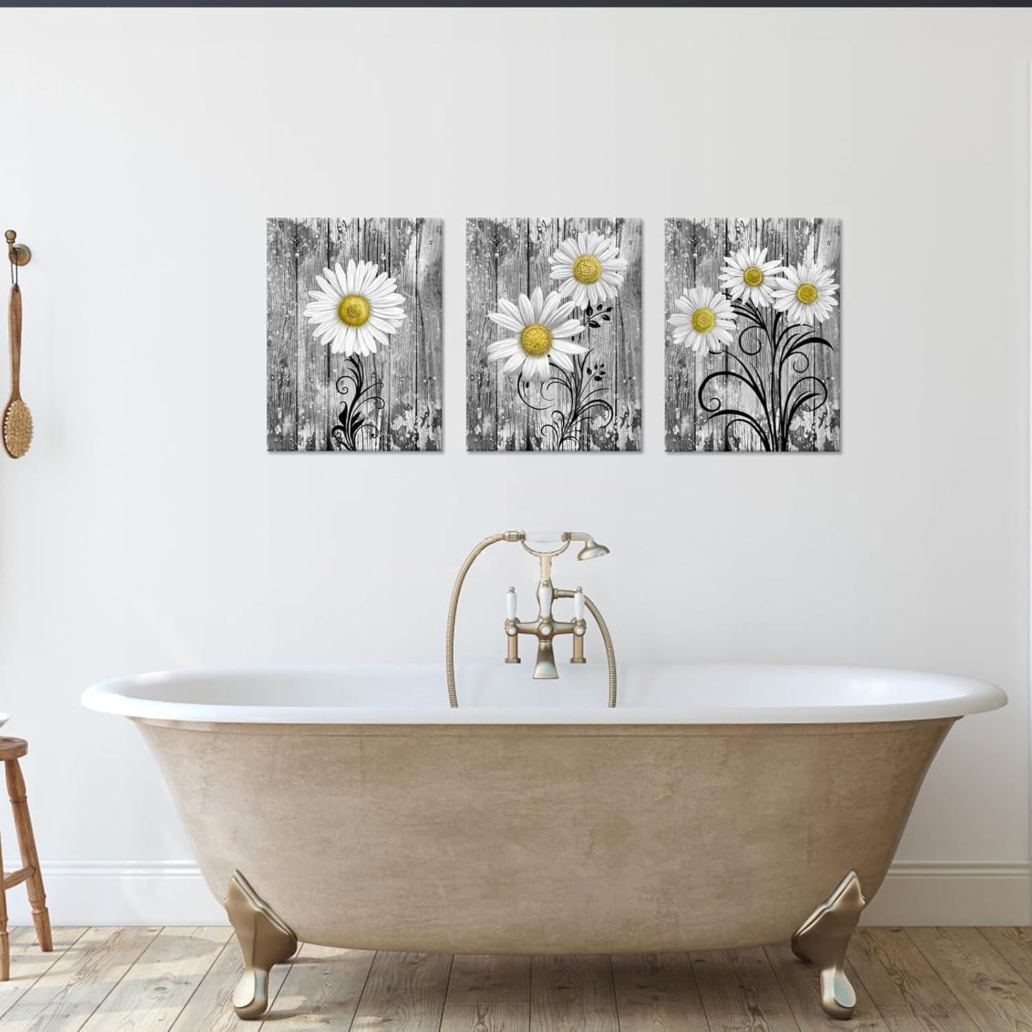 iHAPPYWALL 3 Pieces Bathroom Wall Art Yellow Grey Daisy Flowers Vintage Grey Floral Picture Print for Rustic Bath Bedroom Kitchen Home Decor Ready to Hang 12x16inchx3pcs