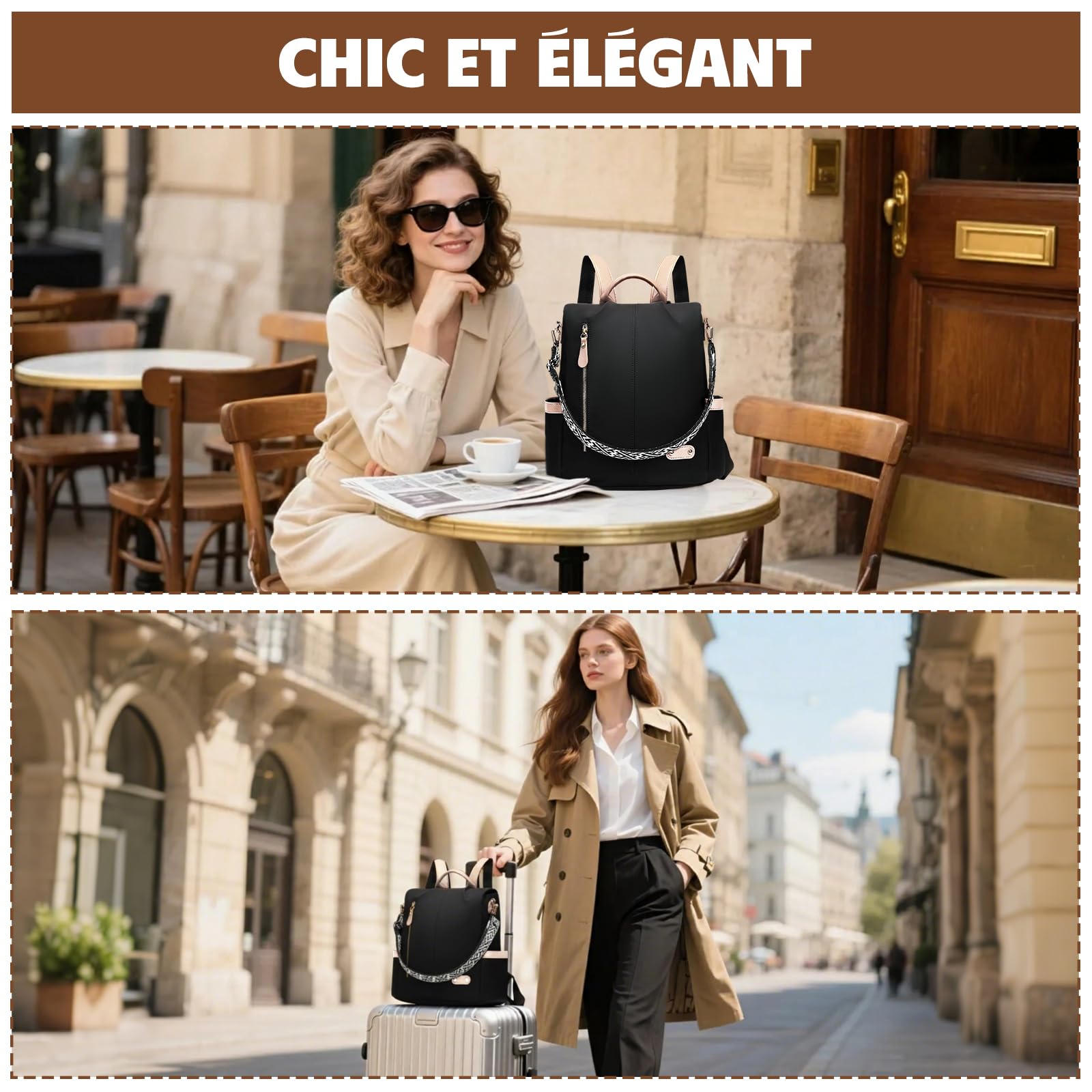Sac a Dos Femme Antivol, Sacs à Main Portés Dos Elegant Leger, Petit Sac à Dos Impermeable Chic avec Étui Carte Bancaire Anti Piratage & Pochette pour Voyage Ville Balades Transport en Commun
