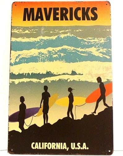 ZMKDLL New Mavericks Cartel de metal de hojalata para hombre, cueva, surfista, tienda de surf, surf, California