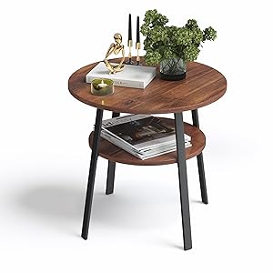 Mesa auxiliar redonda, estructura estable de metal/madera, diámetro 52 x altura 54 cm, 2 estantes, mesita de noche para salón, dormitorio, aspecto de nogal