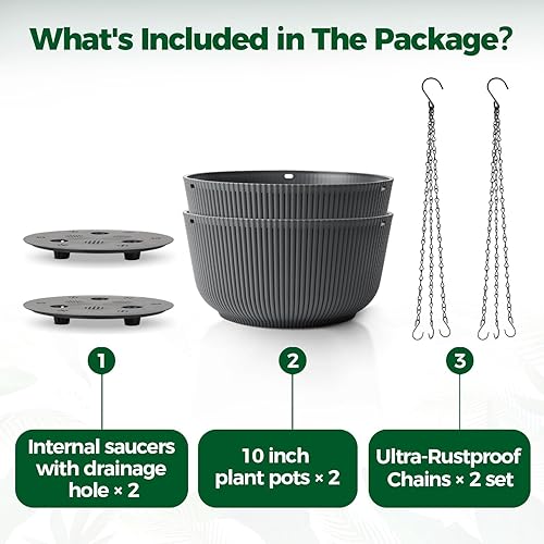 Miniatura 6 de T4U Macetas colgantes de 8 pulgadas para plantas de interior y exterior, paquete de 2 macetas colgantes con orificio de drenaje, tapón y cadena con