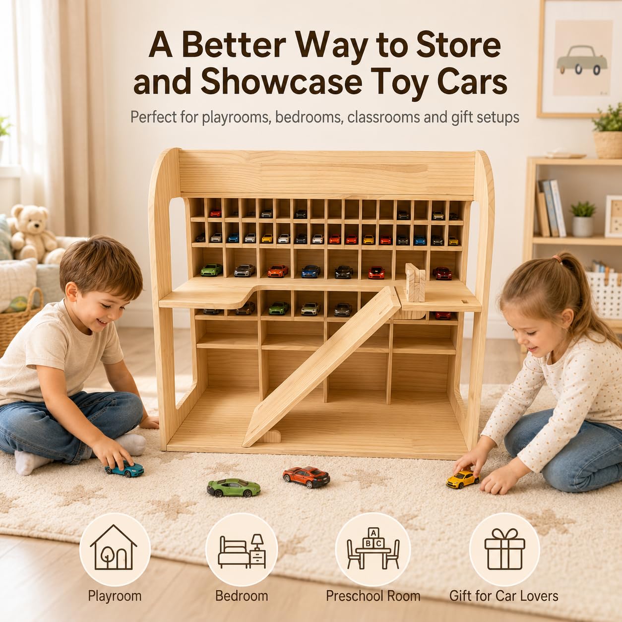 Garage per auto giocattolo in legno, garage in legno di pino con rampa, organizer per veicoli per bambini, scaffale espositore a più livelli per sala giochi, regalo per ragazzi e ragazze