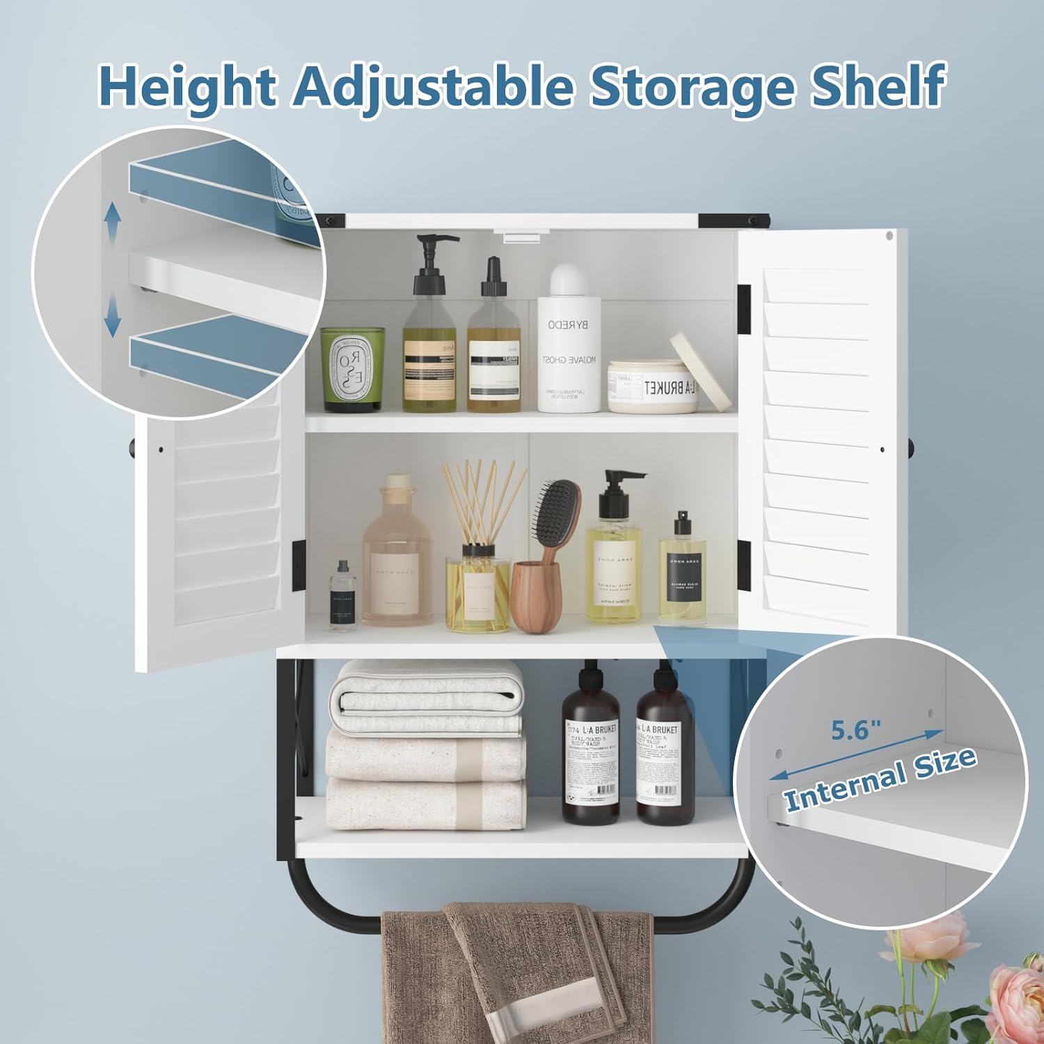 Bathroom Medicine Wall Cabinet, Bathroom Hanging Storage Cabinets with Louver Doors, Medicine Cabinet Organizer Wall Mounted with Towel Bar, White