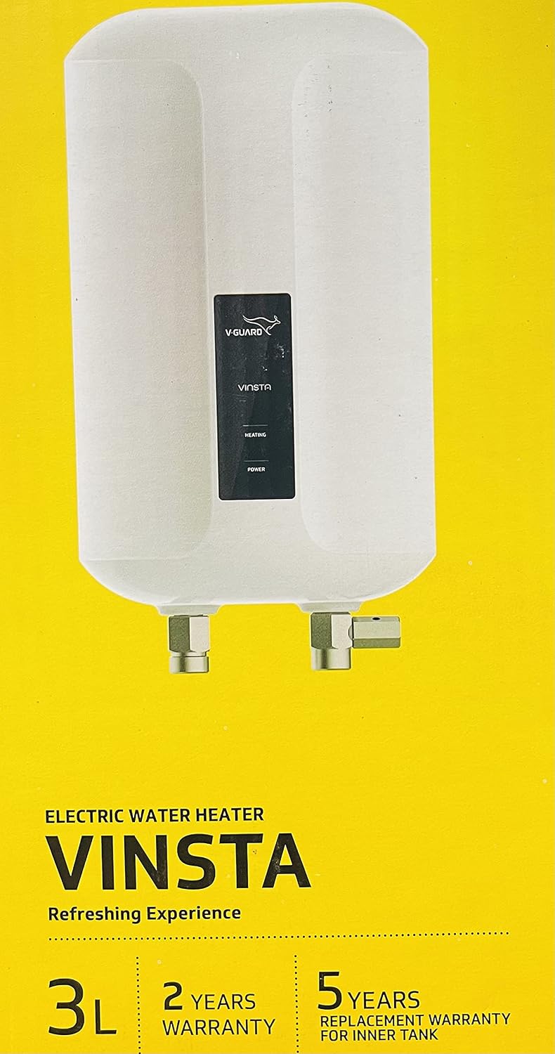 Přední view of the V-GUARD Vinsta Instant Water Heater, showing its compact design and control panel.