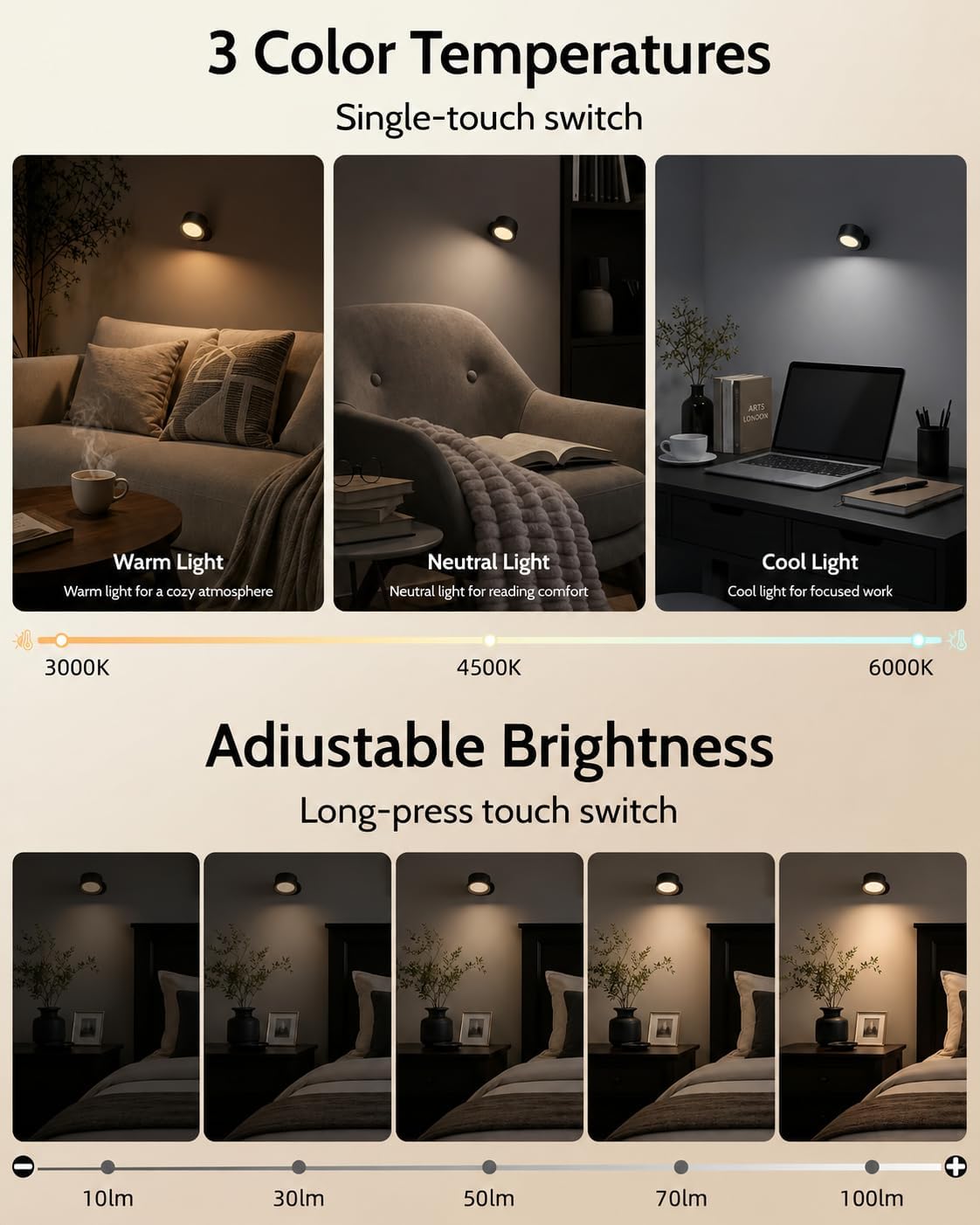 Rechargeable Wall Sconces with Remote, Magnetic Wall Lights, Black thumbnail