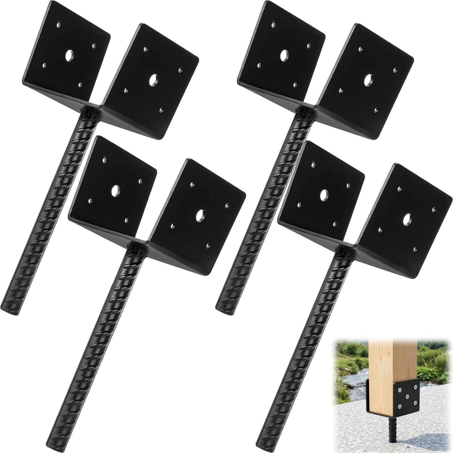 Goaste 4 Pack U Shape Fence Post Holder, 4" x 4" Concrete Post Anchor, Black Powder Coated Post Base Anchor with Pre-Drilled Holes, Metal Ground Spike Post Base for Deck, Porch Railing, Mailboxes