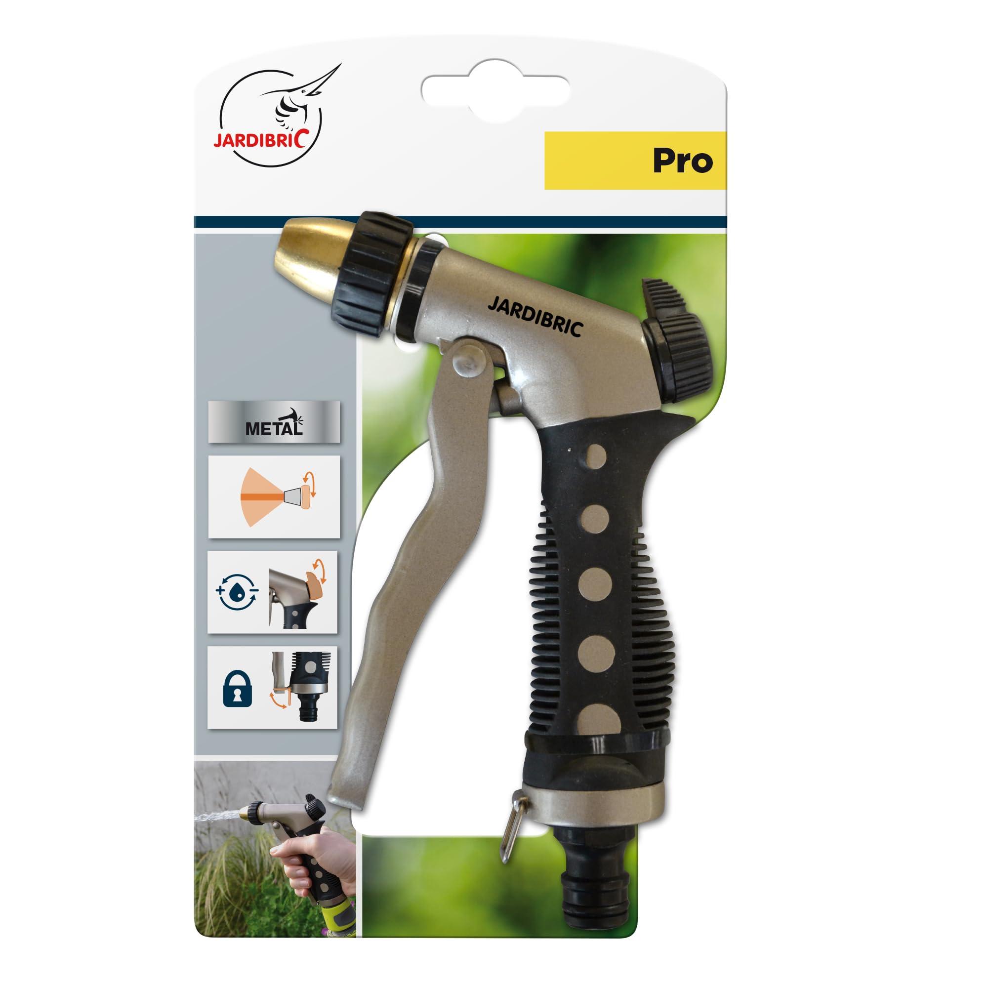 Jardibric Pistolet D'Arrosage Métal Gainé – Jet Réglable Avec Contrôle Au Pouce – Poignée En Métal Ergonomique – Gamme Pro Pour Jardin, Terrasse, Nettoyage Extérieur