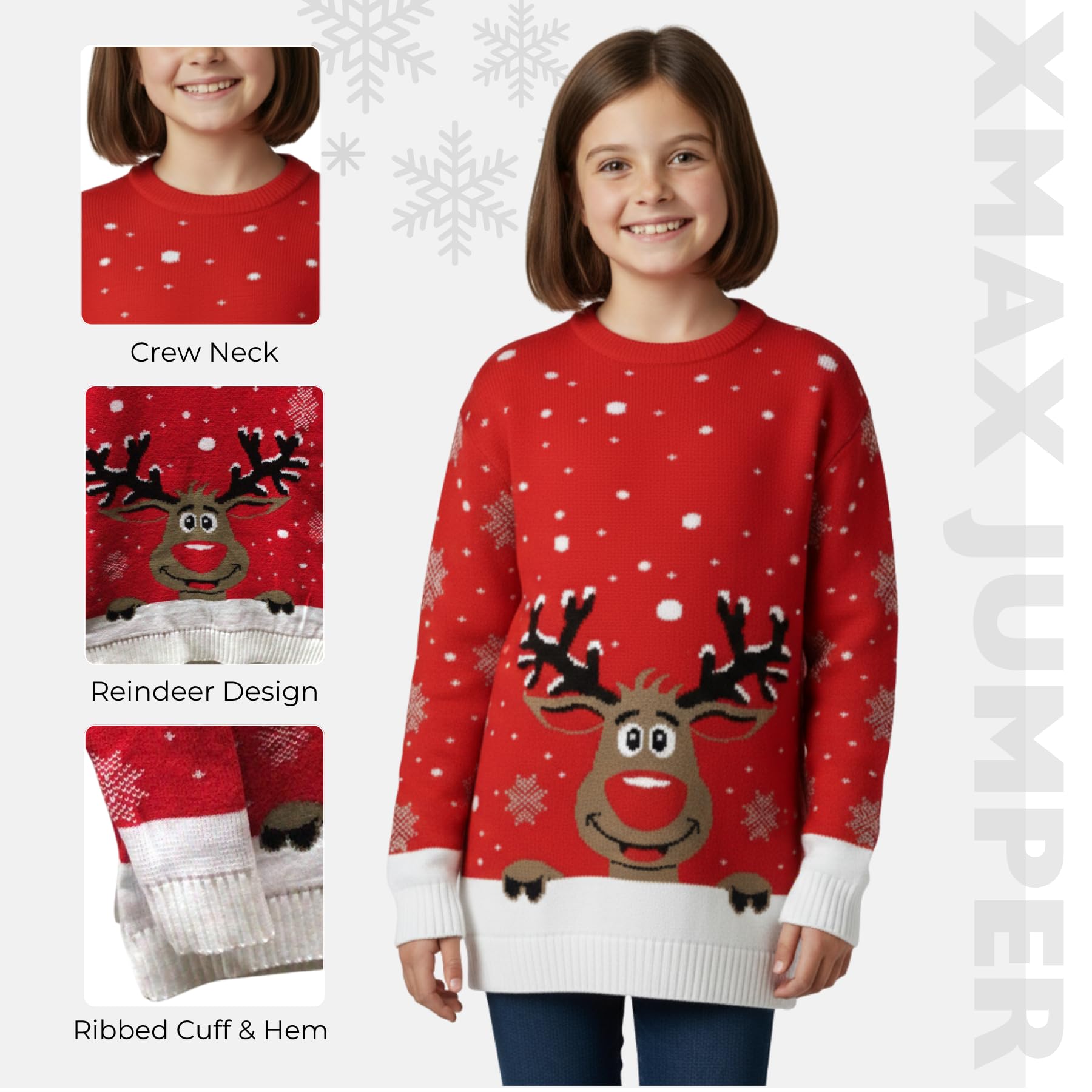 janisramone Maglione natalizio per bambini, motivo renna, maglione natalizio per ragazze, a maniche lunghe, divertente, unisex, a girocollo, maglione natalizio nero rosso, età 3-13 anni
