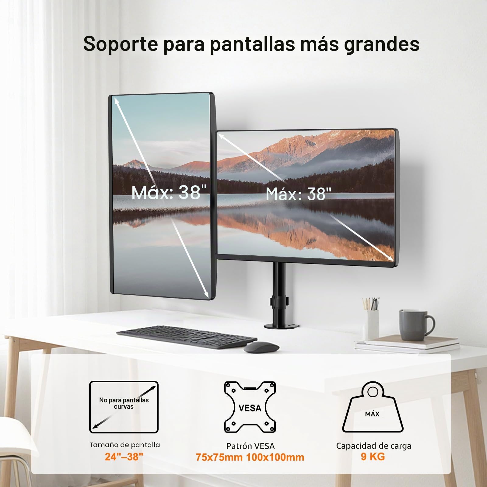 PUTORSEN Soporte para monitor de 24~38 pulgadas para 2 monitores, soporte deslizante VESA ajustable para 2 monitores, 9 kg por brazo, VESA 75/100 mm