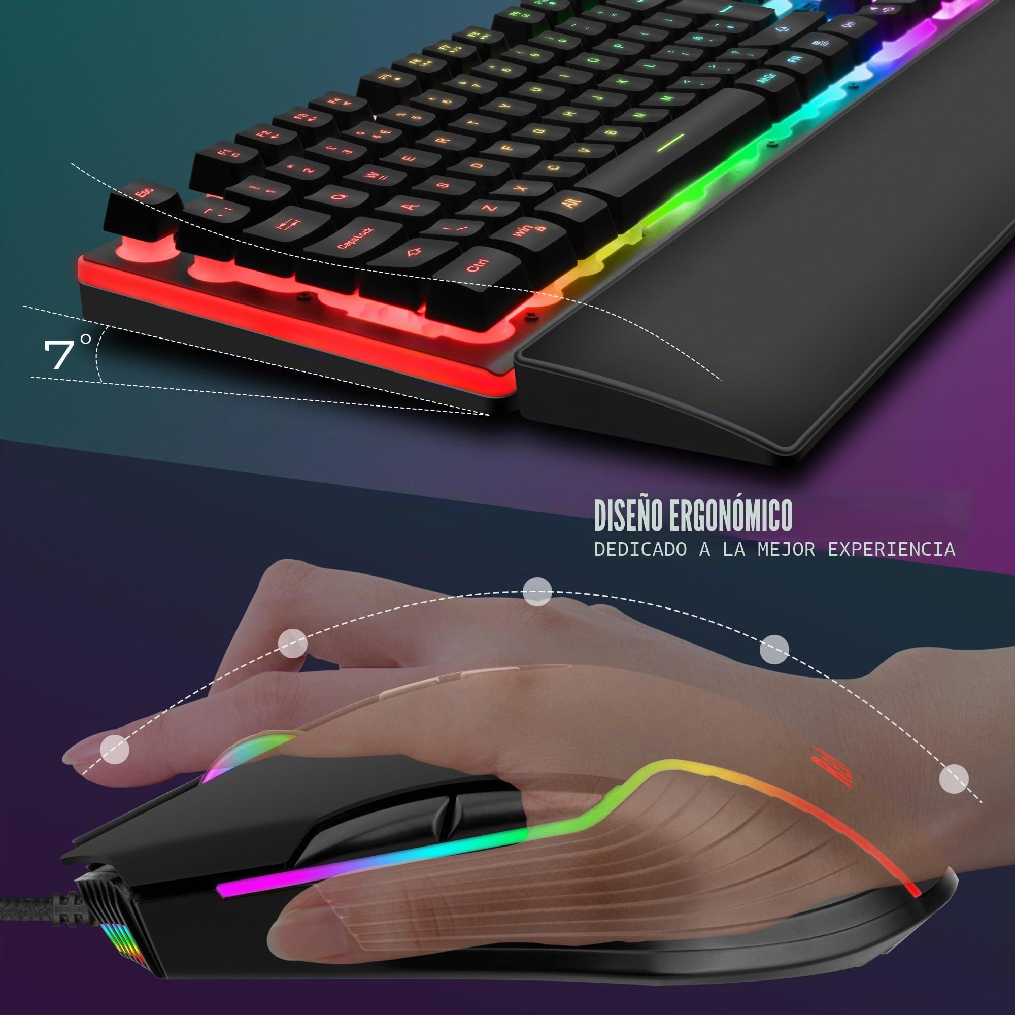 RedThunder K10 Combo de teclado y ratón para juegos con cable, diseño del Reino Unido, tacto mecánico ergonómico teclado antifantasma + ratón 7D 3200 DPI para PC, Mac (negro)