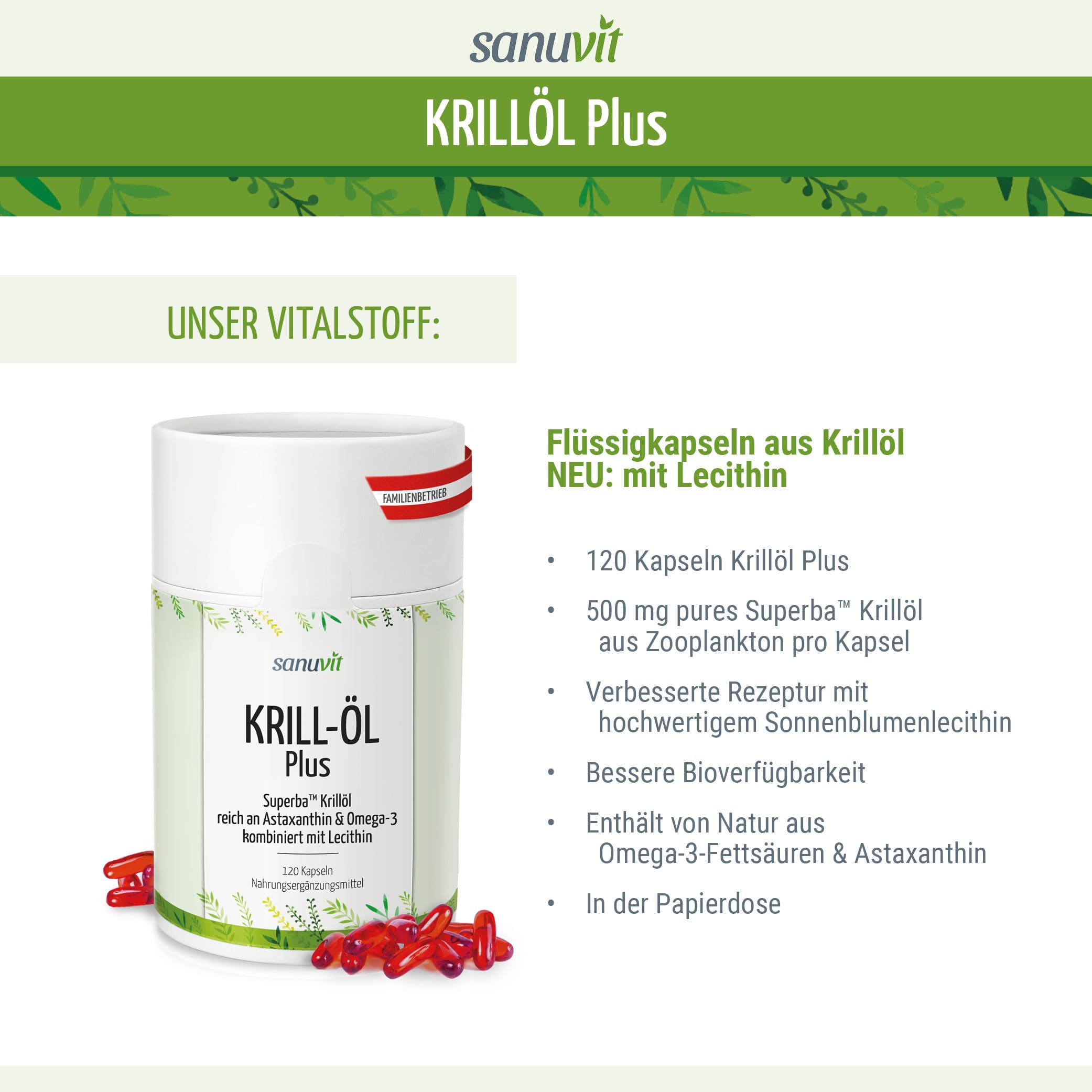 Sanuvit® - Krillöl Plus | 500 mg pro Kapsel | 120 Kapseln | Verbessert durch Sonnenblumenlecithin | mit Astaxanthin & Omega-3-Fettsäuren | Hergestellt in Österreich