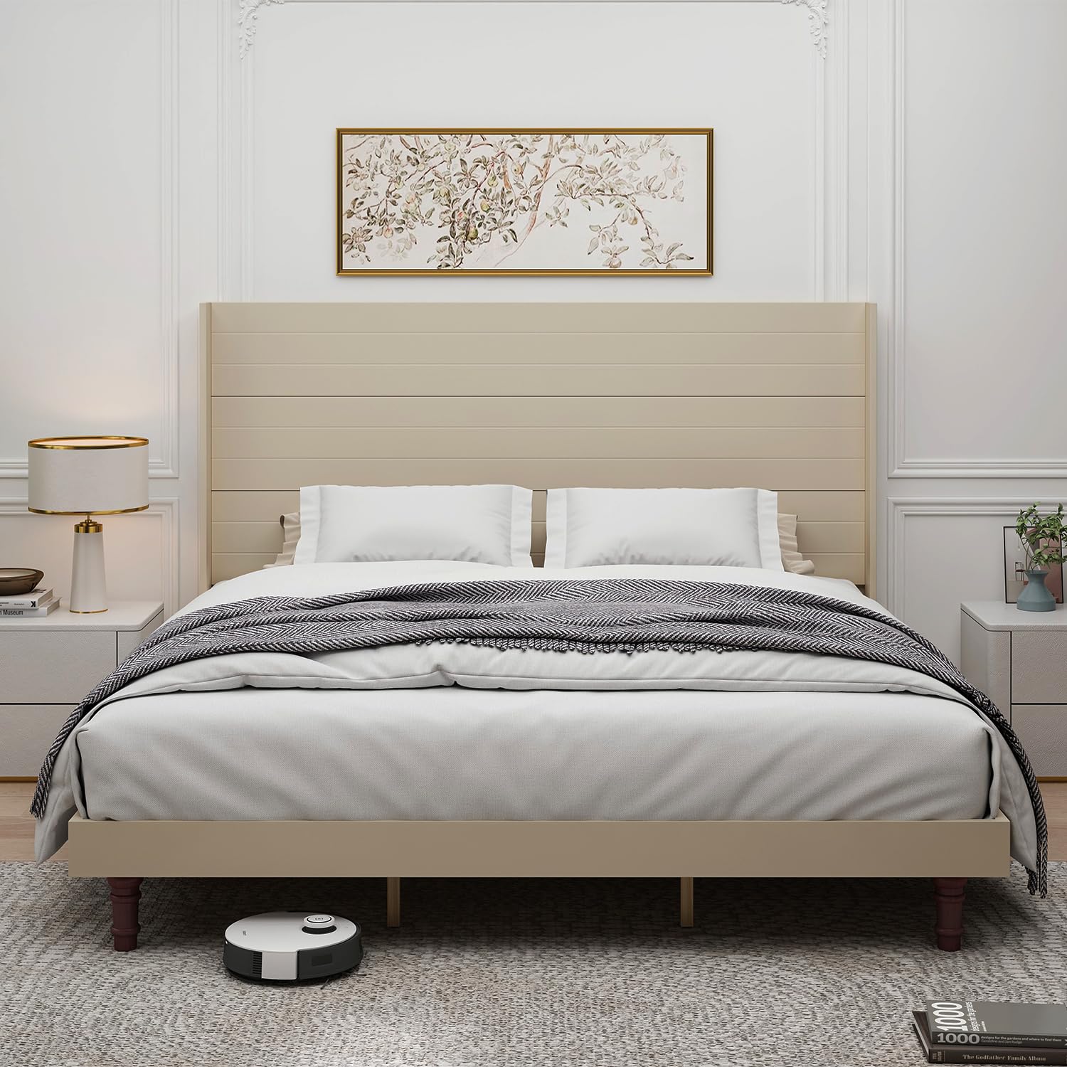 King Size Bed Frame with Wing Side Platform Beds Wooden Slat Support 54 Integrated Vertical Headboard Pine Wood