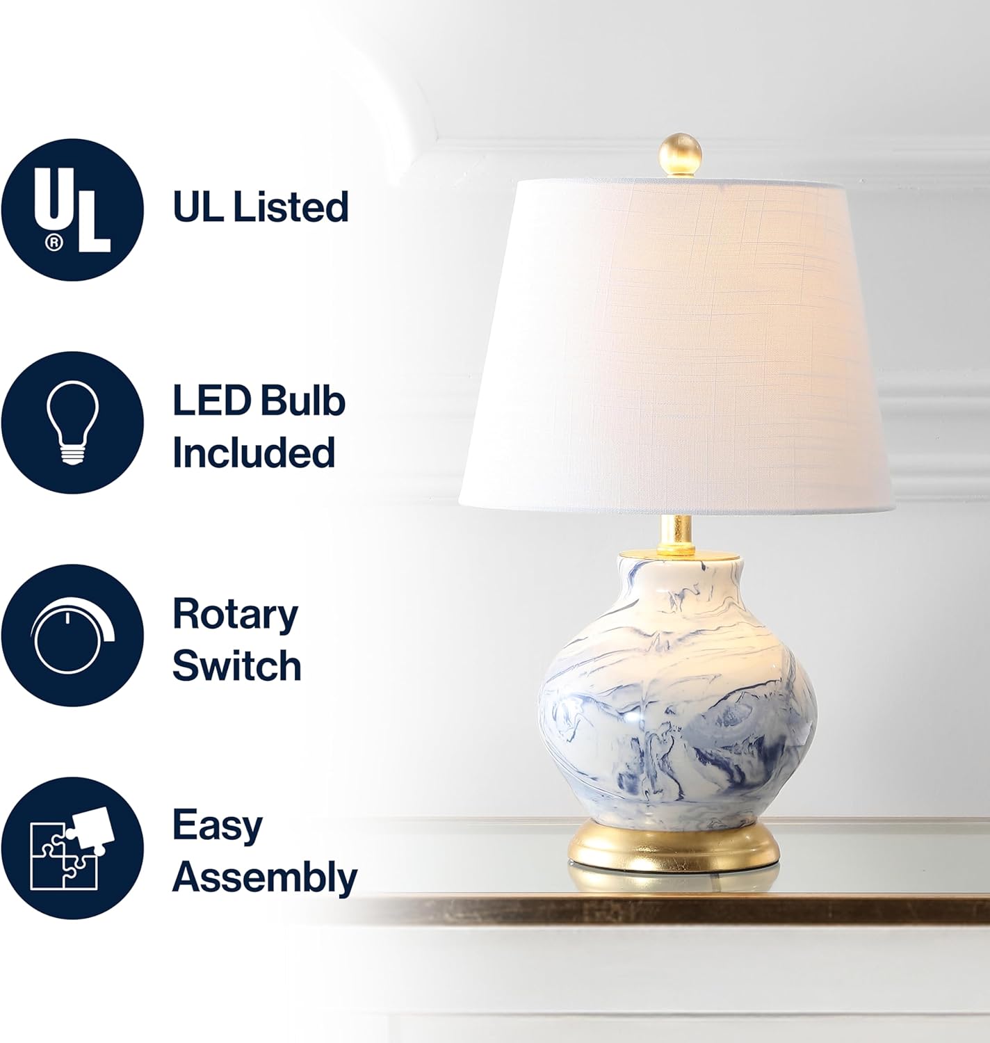 JONATHAN Y 20.5" Blue/White Marbleized Ceramic Table Lamp, Contemporary Traditional Bedside Lamp for Living Room, Gold Accents, White Linen Empire Shade, LED Bulb Included JYL3007A