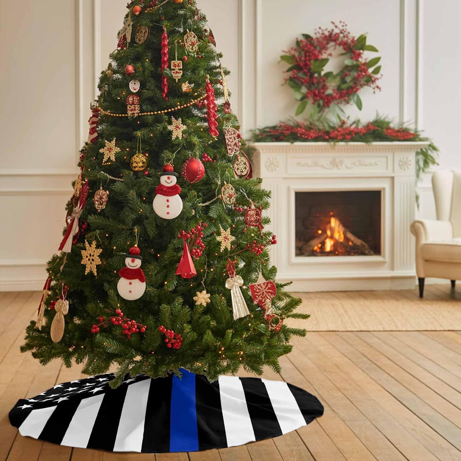 USA Flag Thin Blue Line Star Christmas Tree Skirt,48 Inch Xmas Tree Ornaments America Law Enforcement Flags Large Round Trees Mat for Indoor Outdoor Holiday Party Decorations