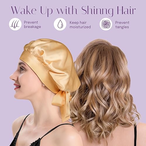 Miniatura 3 de OLESILK Gorro de seda para el cabello de seda para dormir, doble capa, reversible, ajustable, para cabello rizado y encrespado, dorado