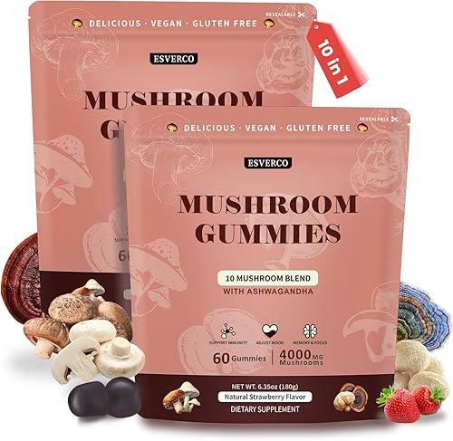 Gomitas de hongos de melena de león para adultos, 4000 mg de extracto de hongo y 250 mg de Ashwagandha, apoyo cognitivo, estado de ánimo, salud y
