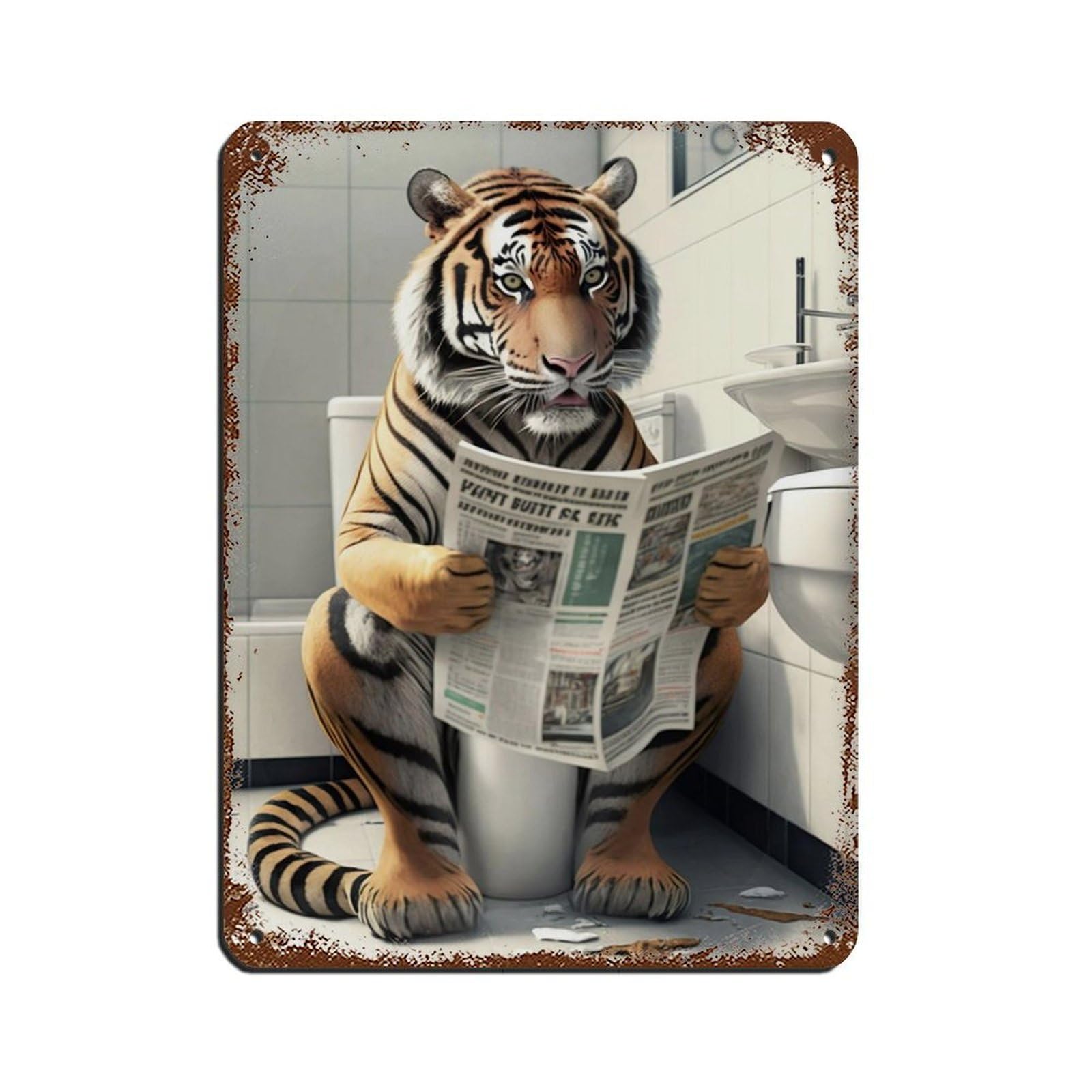 Tiger Sitting on The Toilet Reading A Newspaper Retro Poster Metal Tin Sign Chic Art Retro Iron Painting Bar People Cave Cafe Family Garage Poster Wall Decoration 12x16inch(30x40cm)
