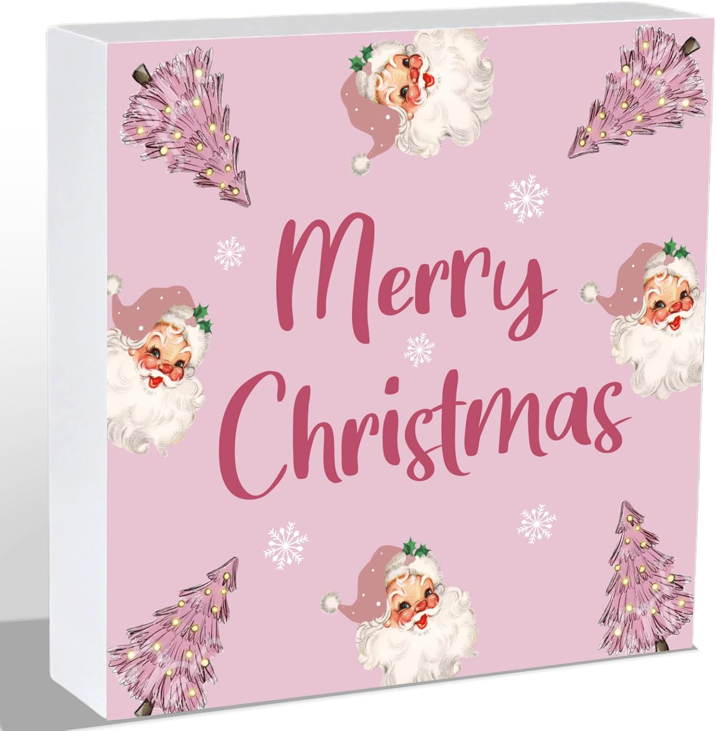 Pink Christmas Decor Indoor Christmas Table Decorations Home Room Santa Tree Office Bathroom Wood Box Sign Rustic Wooden Shelf Desk Decor Season Sign House Warming Gifts 5.9 x 5.9 Inch