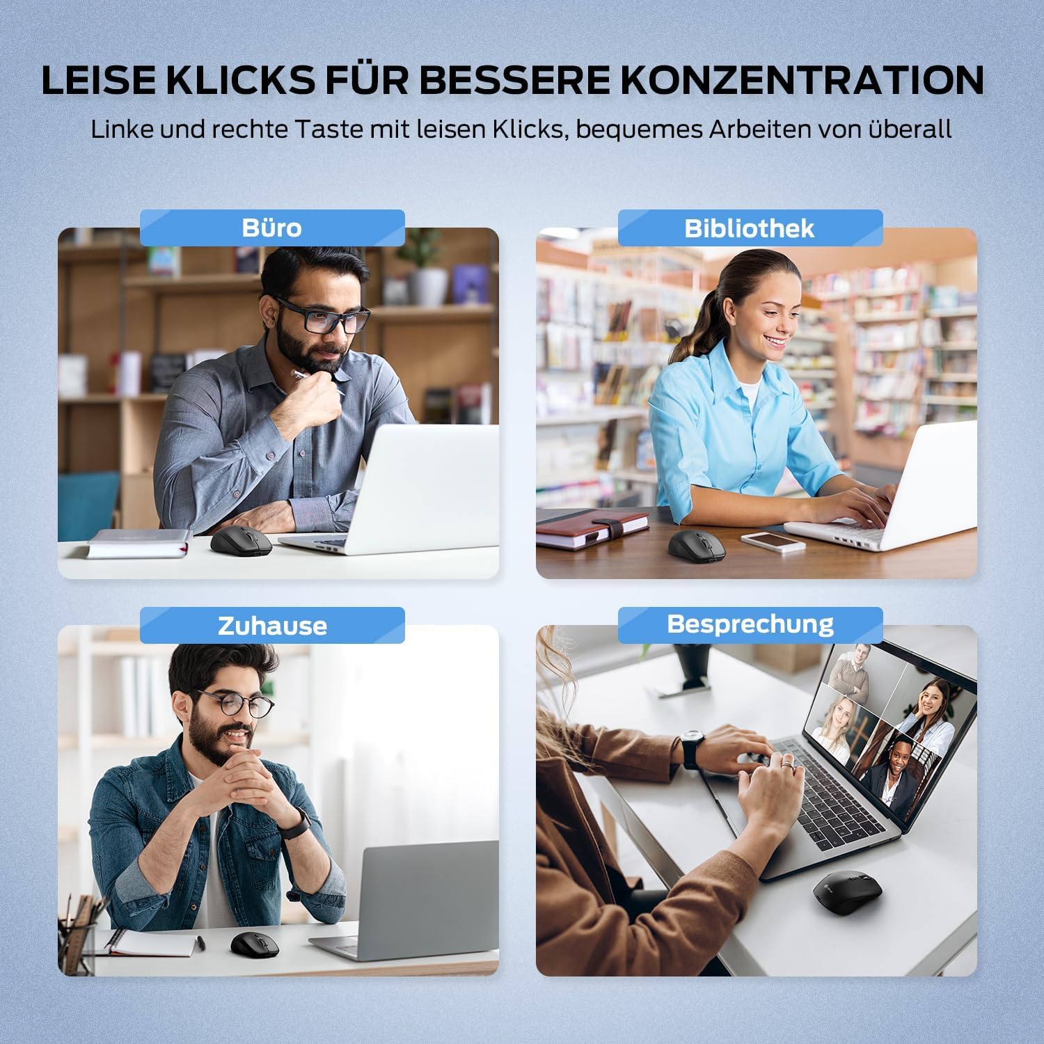 Four panels illustrating the benefit of silent clicks in different environments: office, library, home, and meeting.