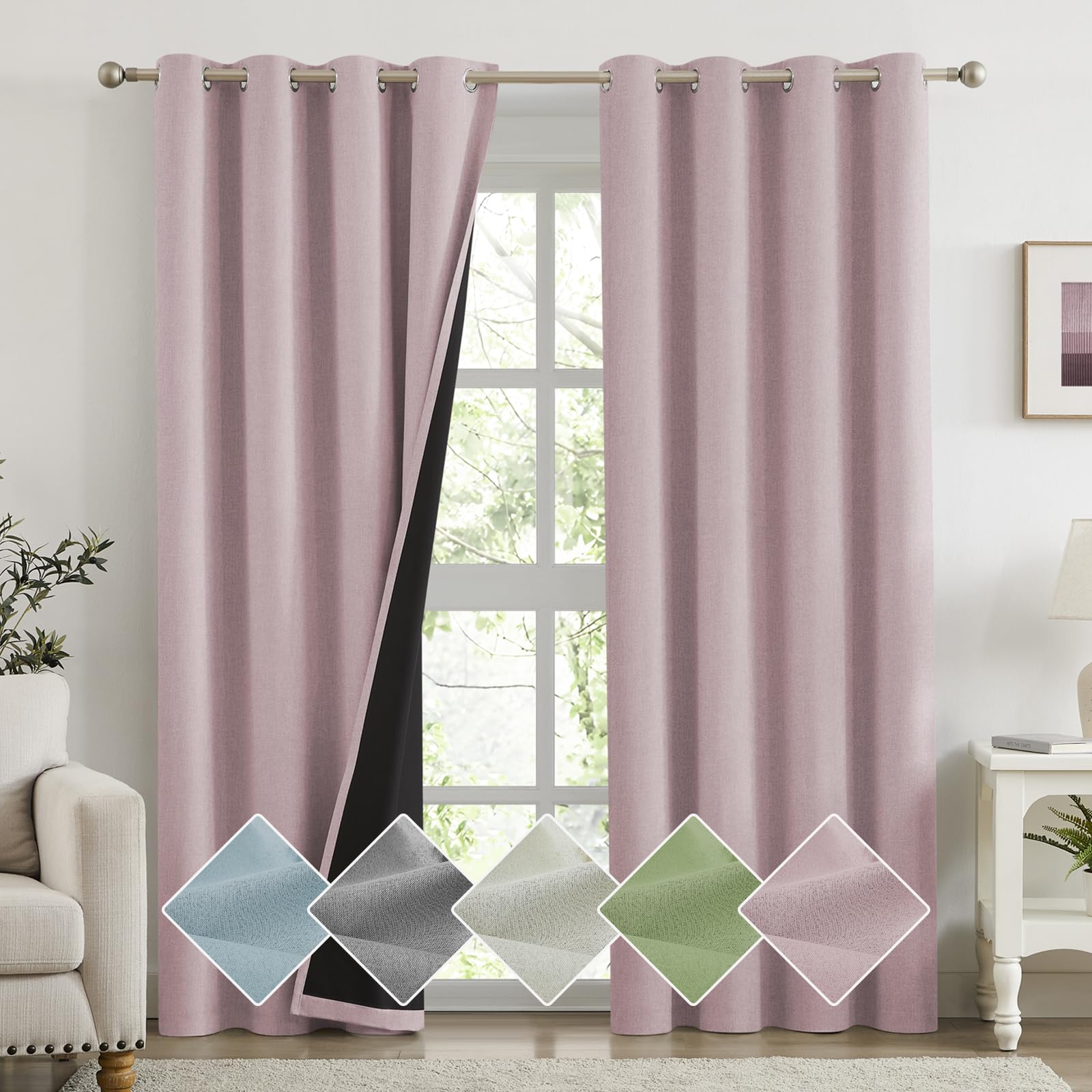 Melodieux 100% Blackout Linen Textured Curtains, Pink Black Out Curtains 63 Inch Length Thermal Insulated Drapes for Bedroom/Living Room, Grommet Top
