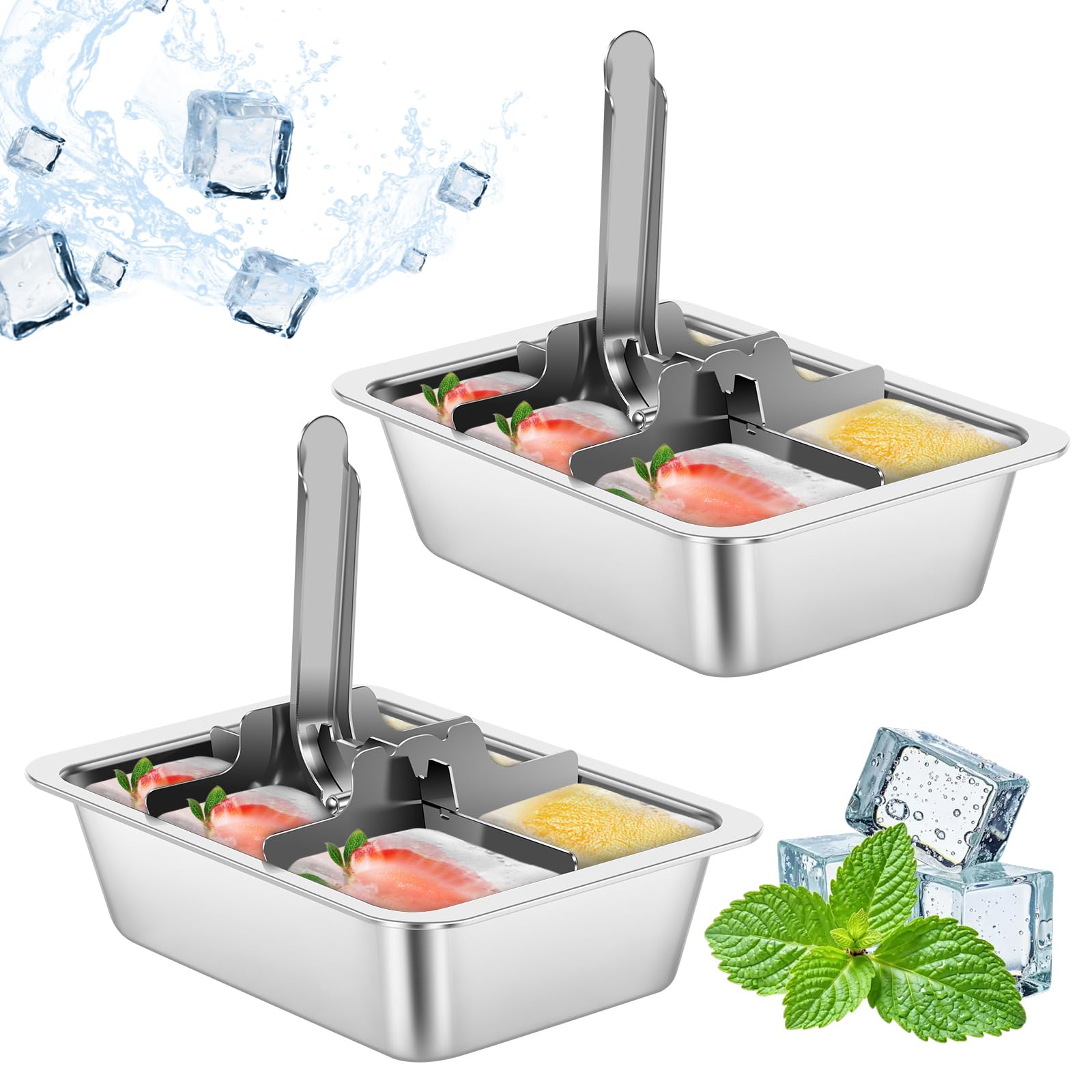 2Pcs Stainless Steel Ice Cube Tray, 6 Slot Metal Ice Cube Maker with Release Lever, Reusable Freezer Mold, Dishwasher Safe DIY Maker for Freezer, Cocktail, Whiskey, Wine, Chocolate, Fruits