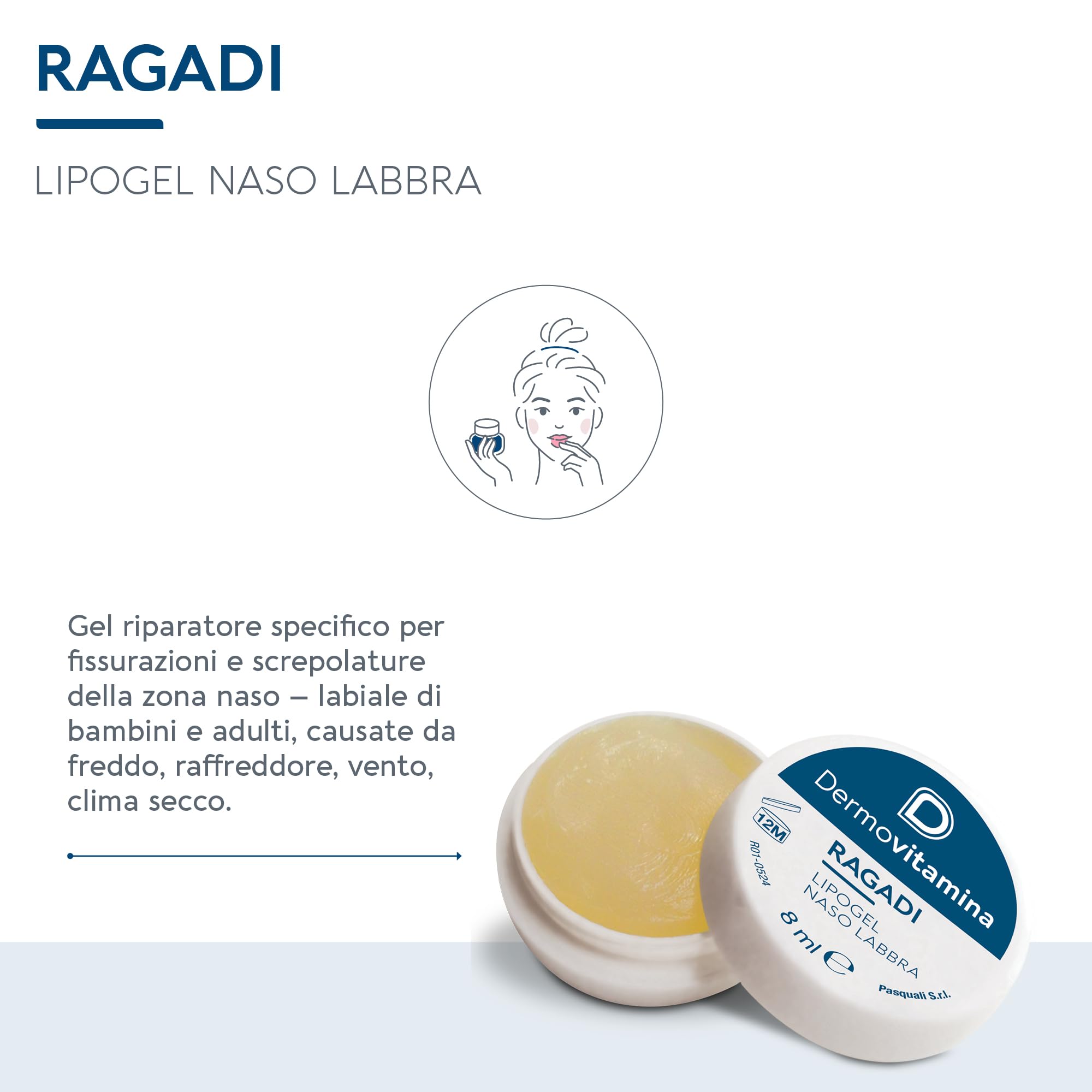 Dermovitamina Ragadi Naso Labbra - Lipogel per Naso e Lembi Screpolati - Balsamo Labbra Riparatore - Idrata e Nutre in Profondità - Formula Delicata Senza Aroma - 8 ml
