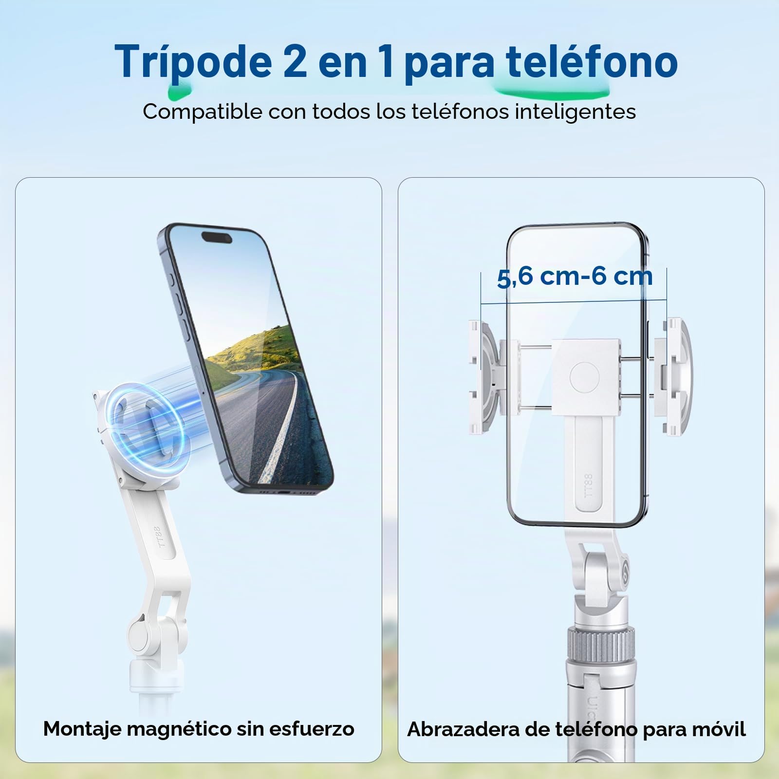 ULANZI TT88 - Trípode Extensible para teléfono, Soporte magnético para Selfie de 57 Pulgadas con Clip 2 en 1, White trípode de Montaje de Zapata fría Compatible con iPhone, Ligero para Viajes