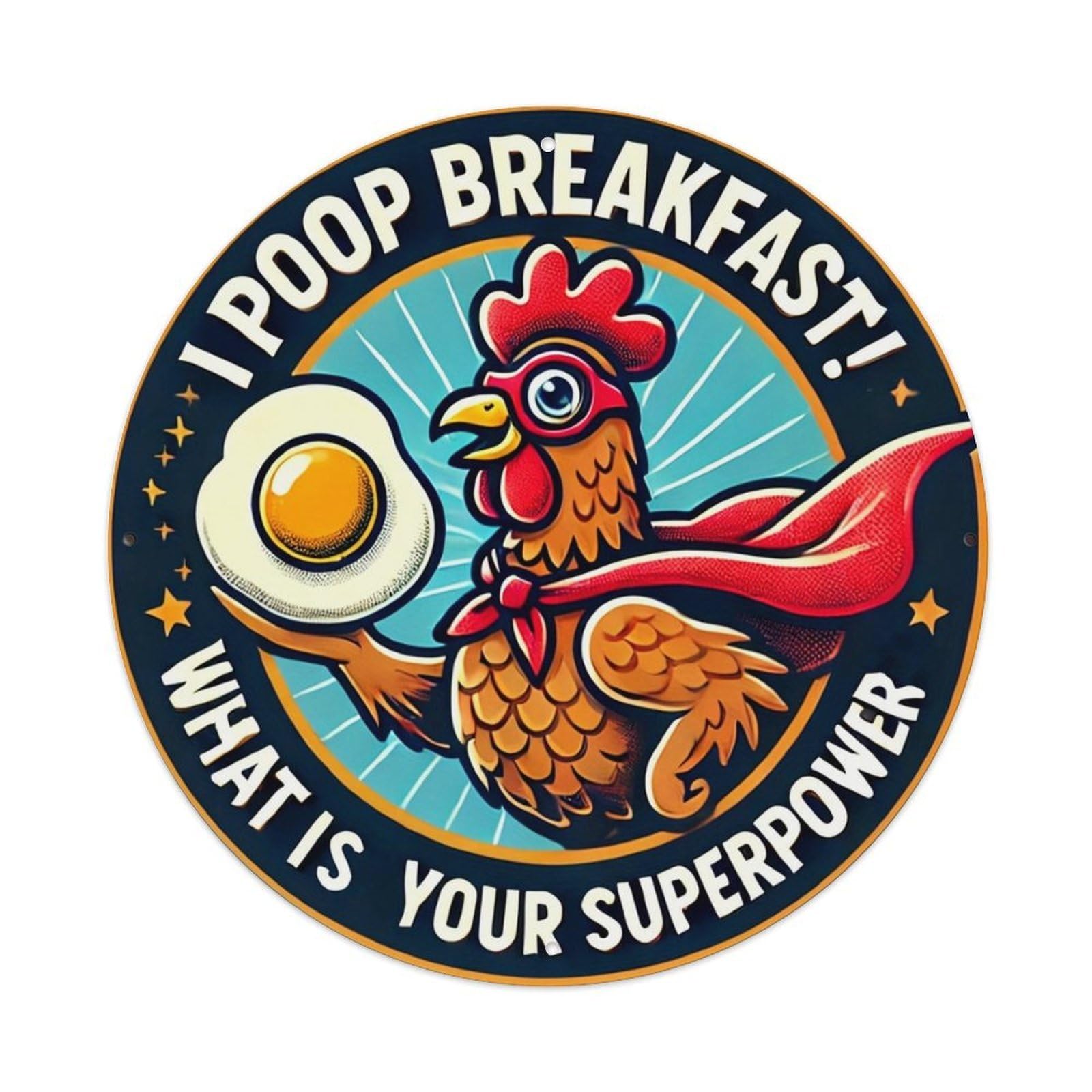 Superhero Chicken Holding Fried Egg Retro Metal Tin Sign, Vintage Metal Poster for home, Gaming Room, Studio Workshop,Bar,Garage Wall Art Decor 8x8 inch