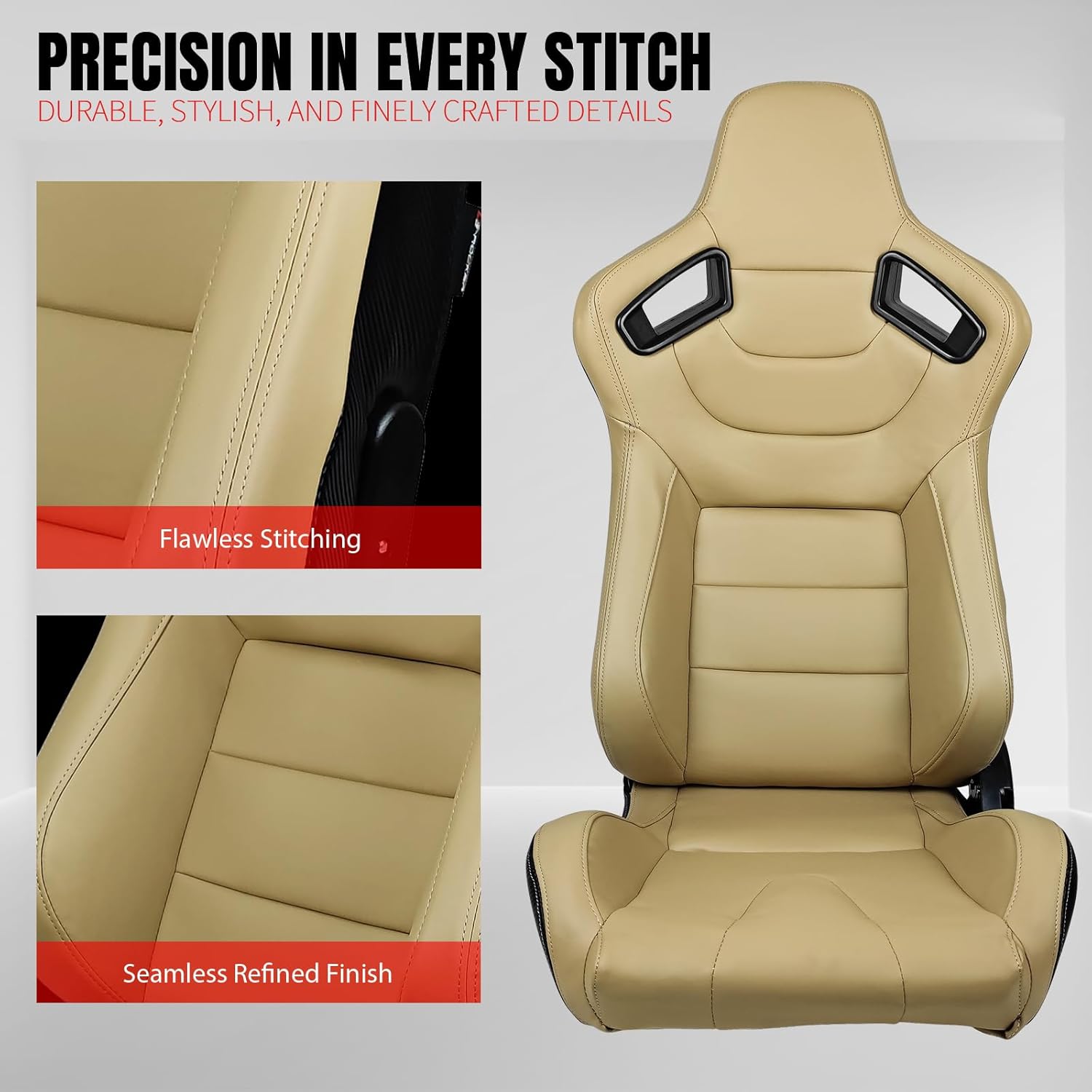 IKON MOTORSPORTS, Universal Racing Seats with 14" Dual Sliders, Beige PU W/Beige Stitching & Carbon Leather Back Reclinable Sport Bucket Seats for Cars, 1 Pair Driver Passenger Side 2PC