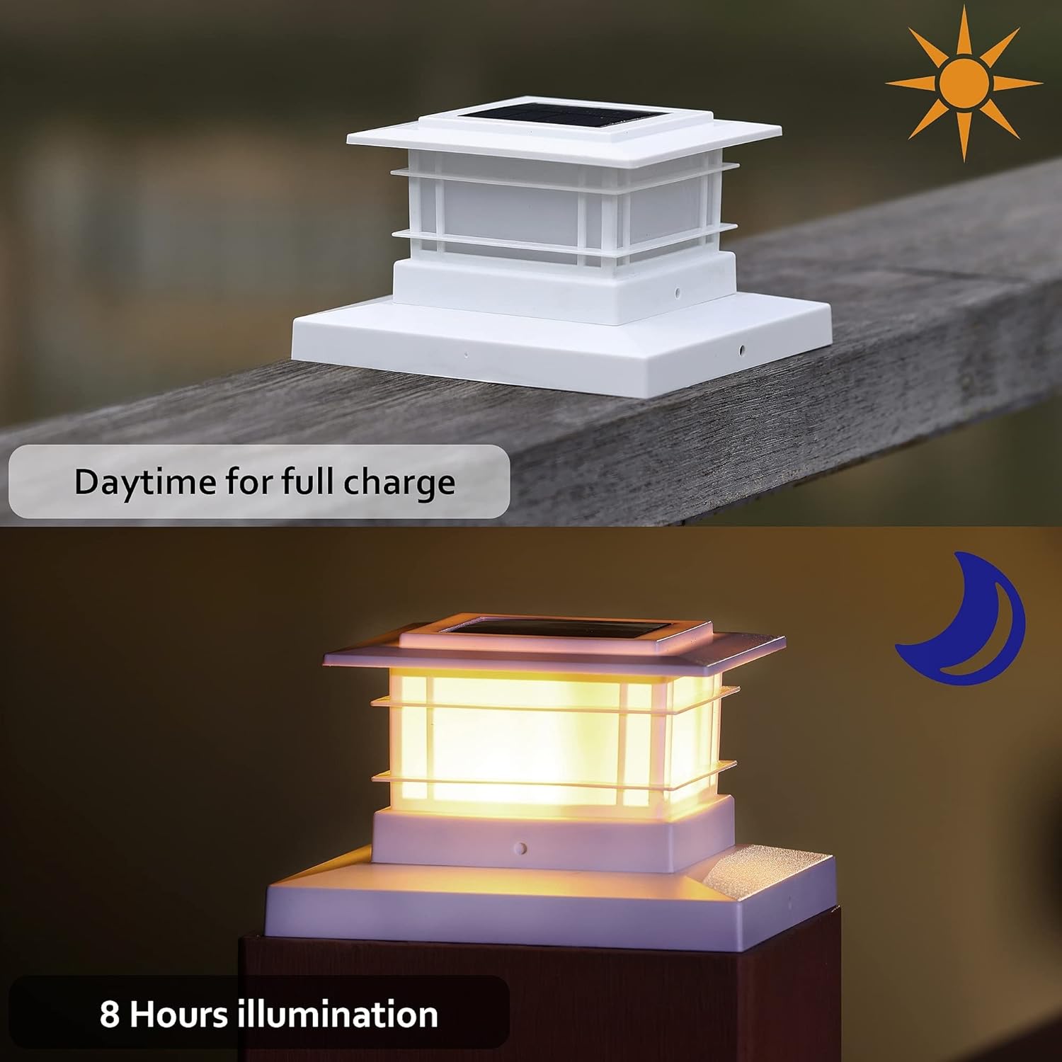 dynaming 6 pack solar post cap lights outdoor, white shell fence post solar lights fit for 4x4 5x5 vinyl/wooden posts, high brightness warm white smd led lighting decor for garden deck patio white 6 pack no flame post lights