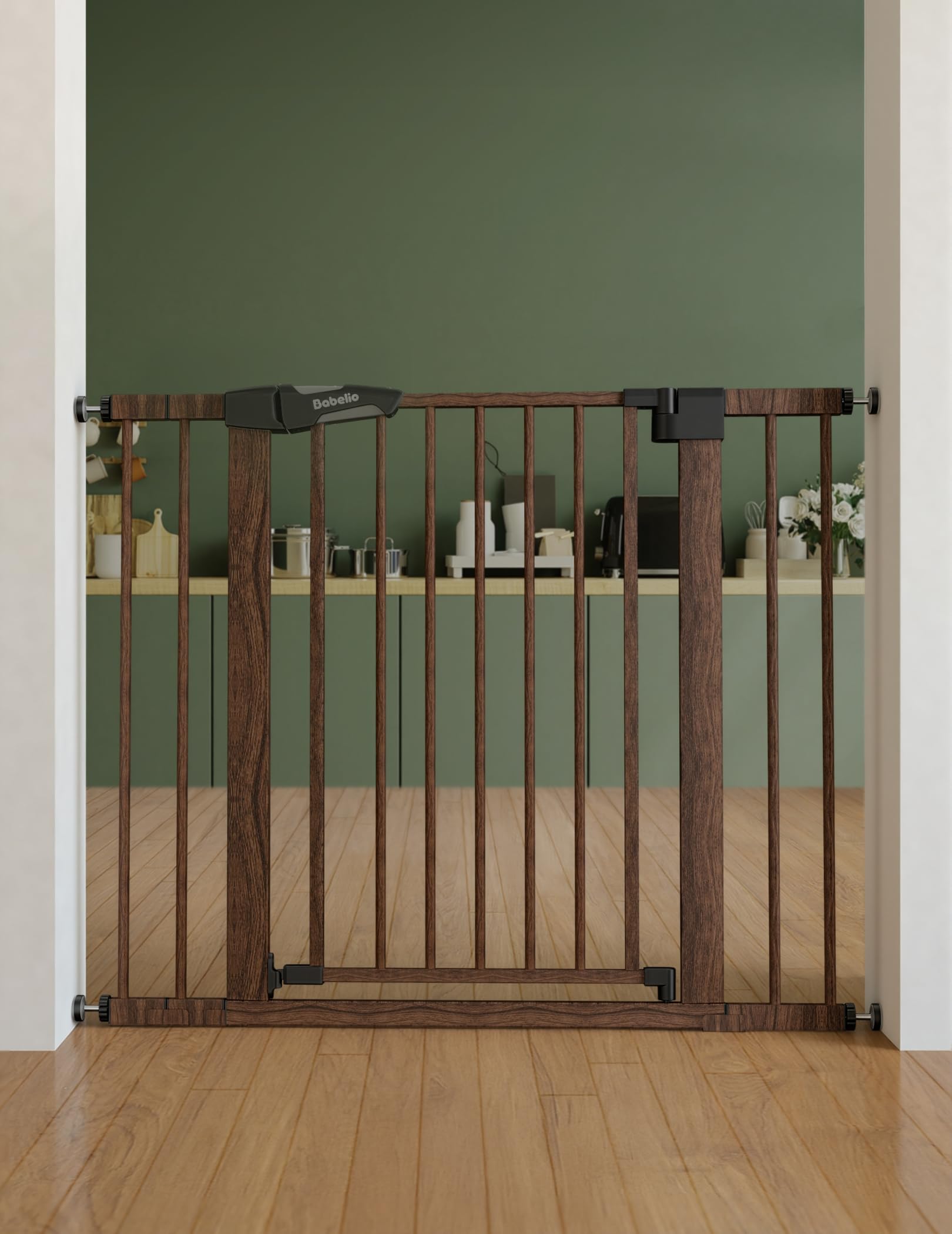 Babelio Barrière pour bébé en métal avec motif bois noir, facile à installer, montage par pression, pour escaliers et portes, avec protections murales et kits d'extension
