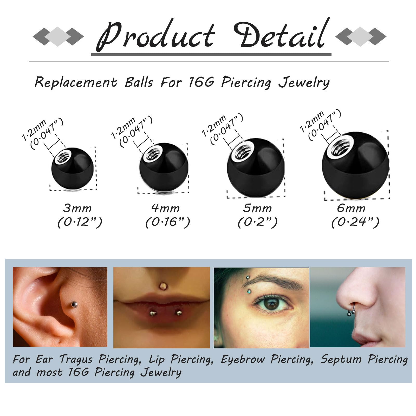 14G 16G kulki do przekłuwania 3/4/5/6 mm srebrne złote czarne kulki wymienne ze stali nierdzewnej do 1,2 mm 1,6 mm wargi przegrody Helix brwi brzuch biżuteria do przekłuwania
