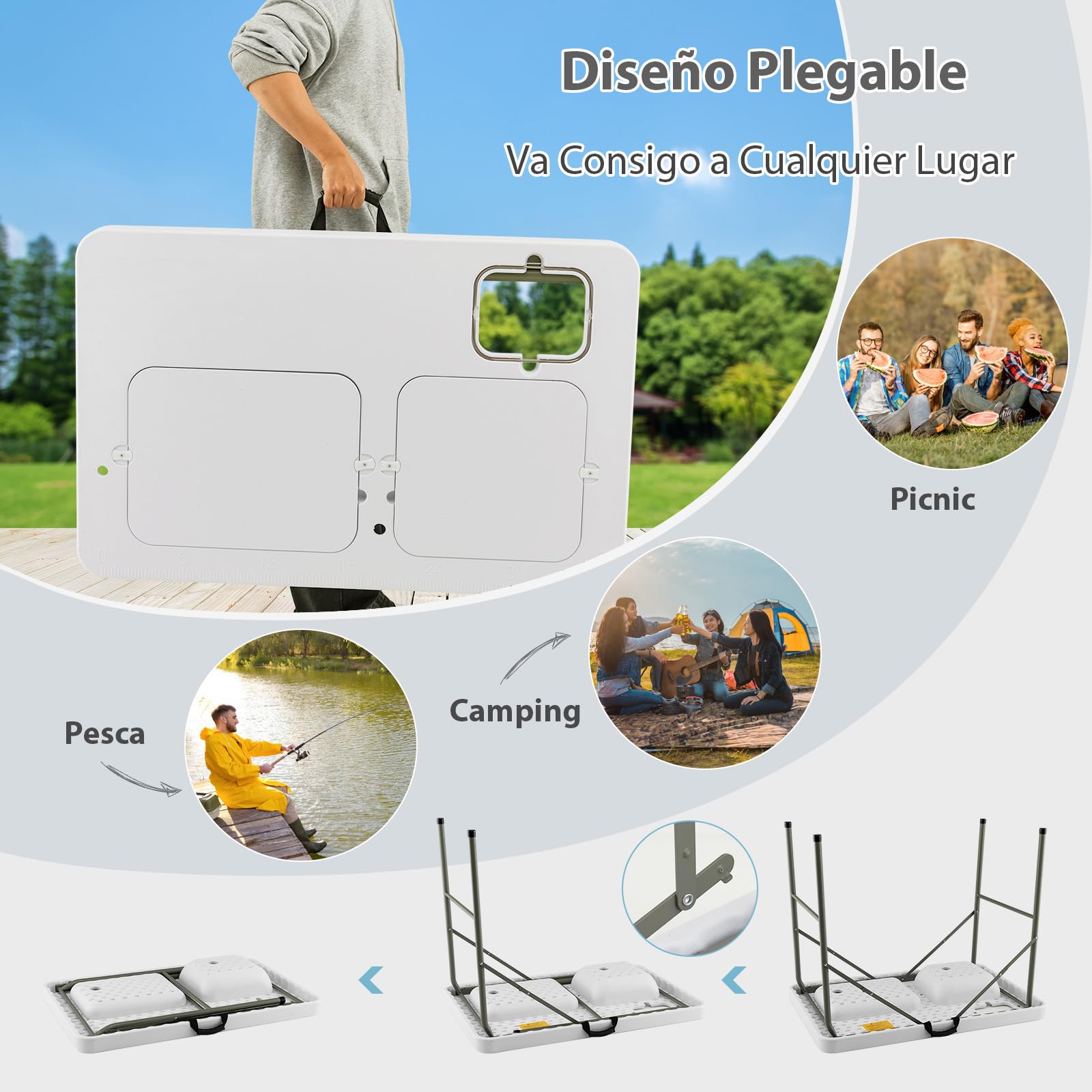 GYMAX 3 en 1 Mesa Plegable Camping Multiusos, Estación de Limpieza de Pescado con Fregadero y Grifo, Mesa de Picnic Portátil para Pesca, Barbacoa, 101,5 x 65,5 x 107,5 cm