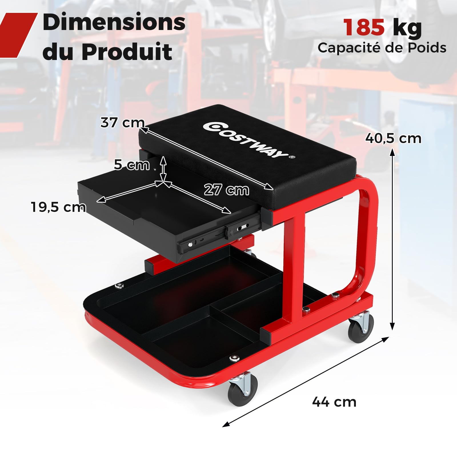 COSTWAY Tabouret d'Atelier avec Tiroir, Tabouret de Mécanicien Rembourré avec Plateau à Outils roulettes Universelles, pour Garage Jardinage Réparation Automobile, Charge 185 KG (Noir)