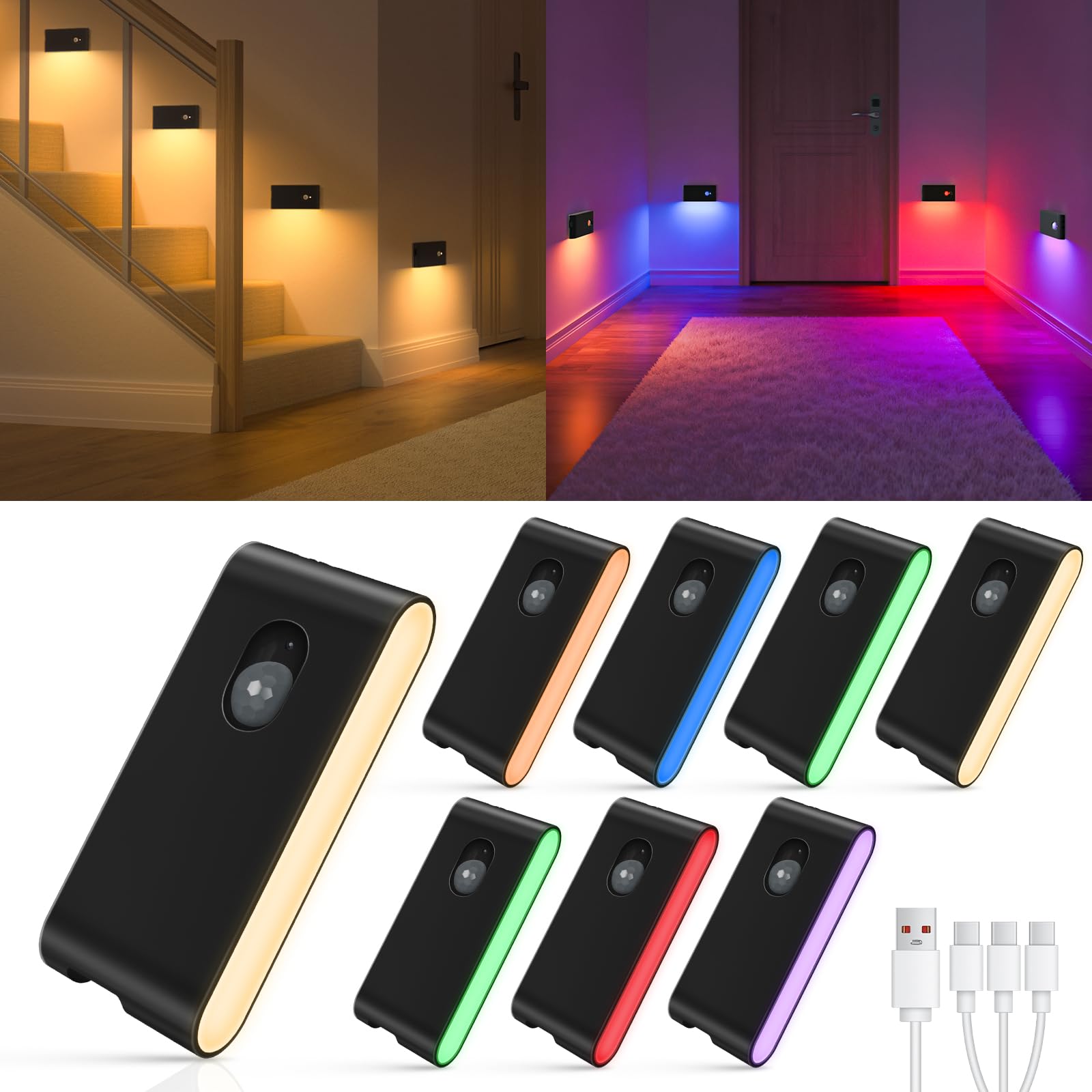 WILLED RGB & Warmweiß Led Nachtlicht mit Bewegungsmelder Akku, 8 Stück USB lampe mit bewegungsmelder innen, Treppenlicht mit 3 Modi, Treppenbeleuchtung für Treppe,Flur,Schlafzimmer,Küche,Badezimmer