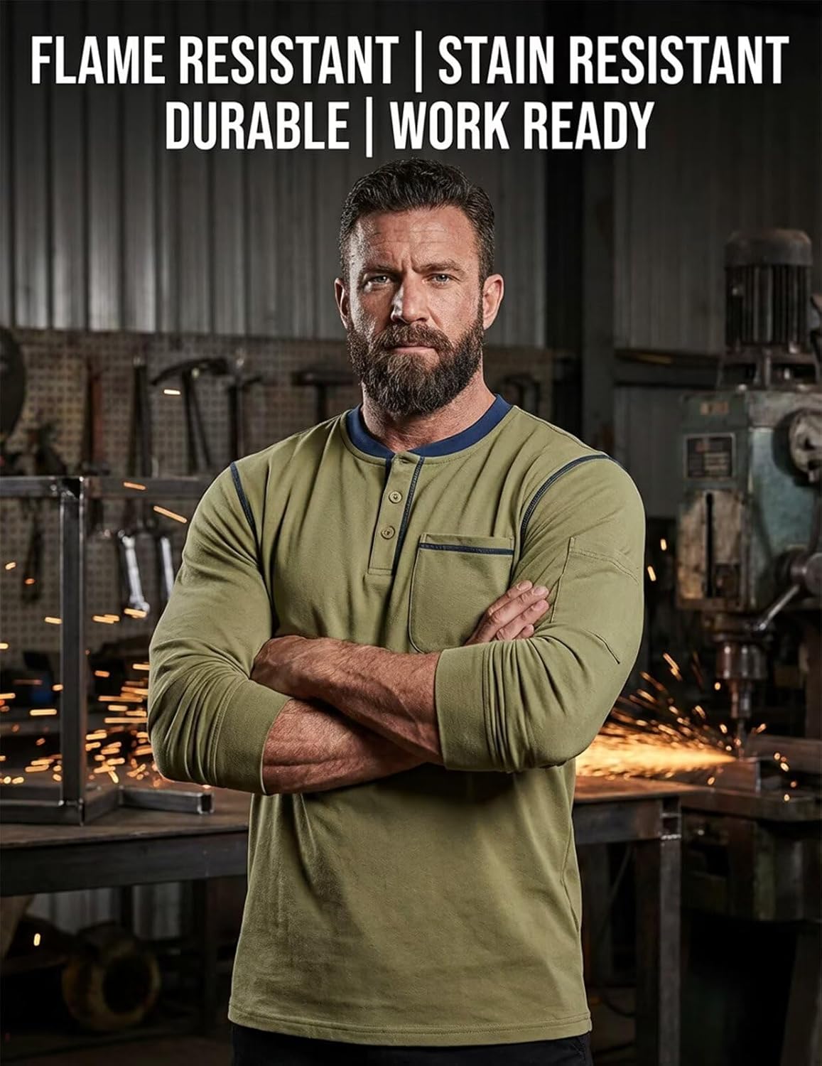 FR Henley Shirts for Men NFPA 2112 Certified Flame Resistant Welding Shirt 5.5oz Cotton Safety Work Tops