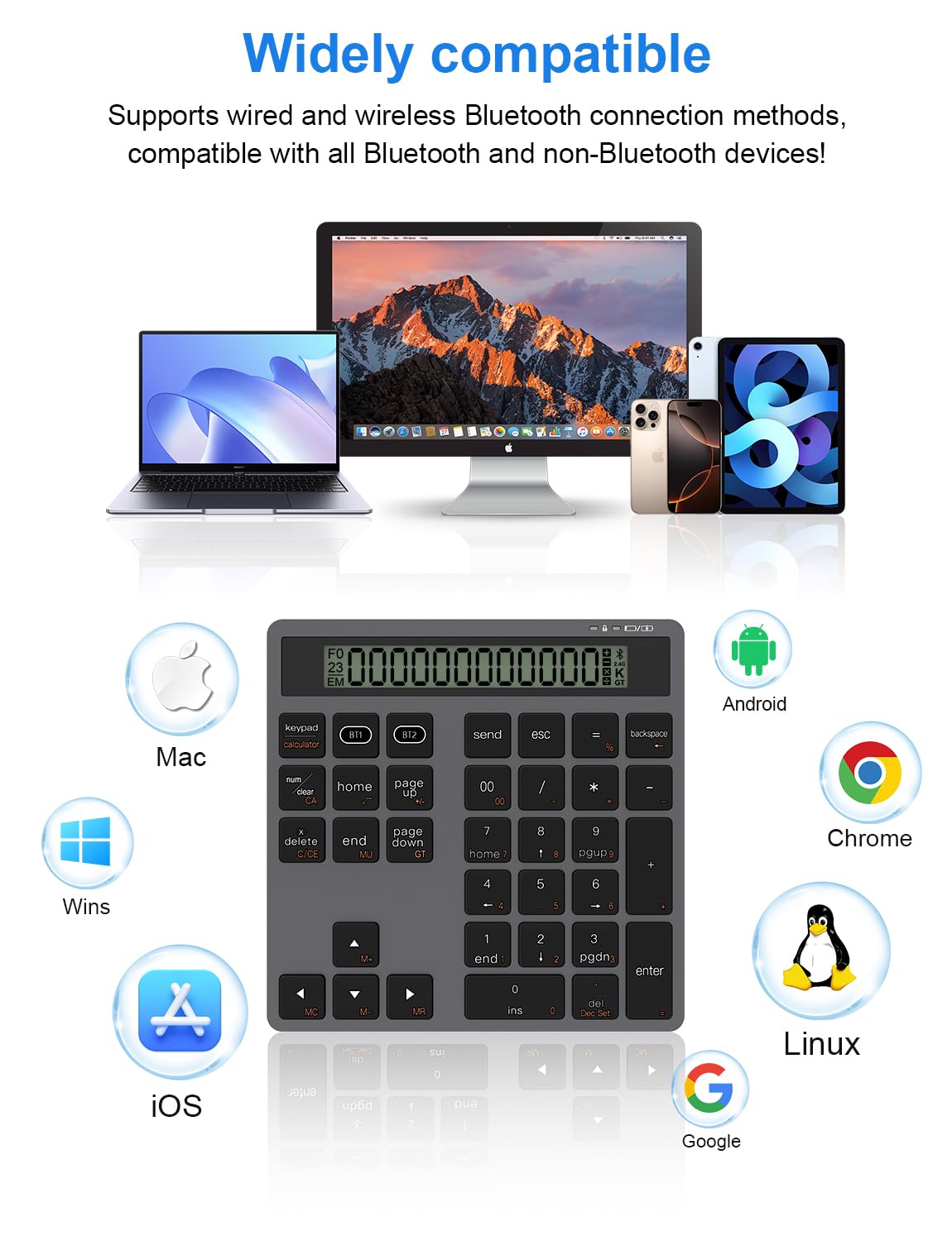Tastierino Numerico Wireless Bluetooth con Calcolatrice - Tastierino numerico sottile ricaricabile a 34 tasti, inserimento dati + calcolo per MacBook, Pad, Computer Portatile, Cablato e wireless 2in1