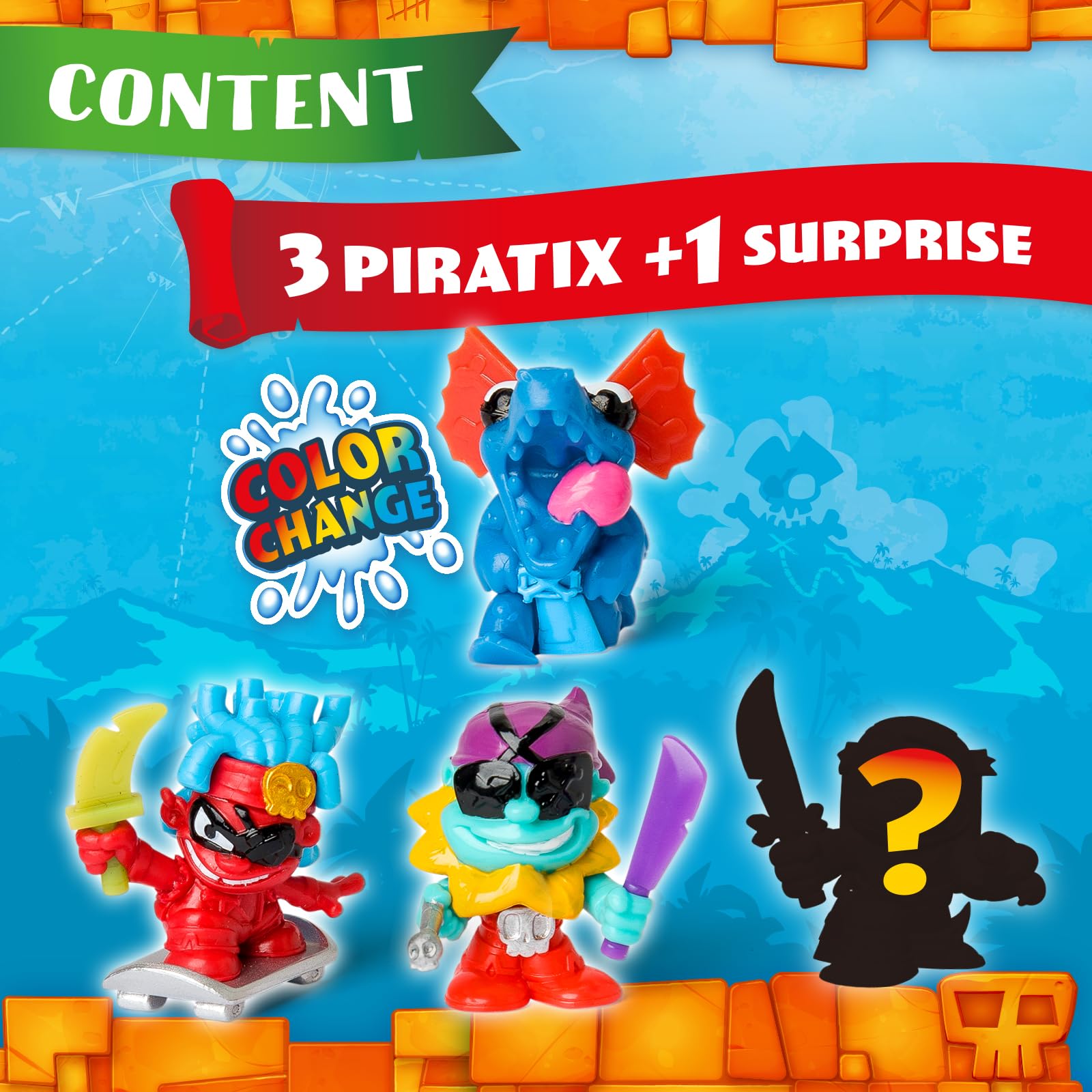 PIRATIX Adventure World seria Wild Kingdom, zestaw 4 figurek – zawiera 4 figurki Piratix, w tym 1 zmieniającą kolor i 1 niespodziankę oraz 4 akcesoria zmieniające kolor, zestaw 3 z 6