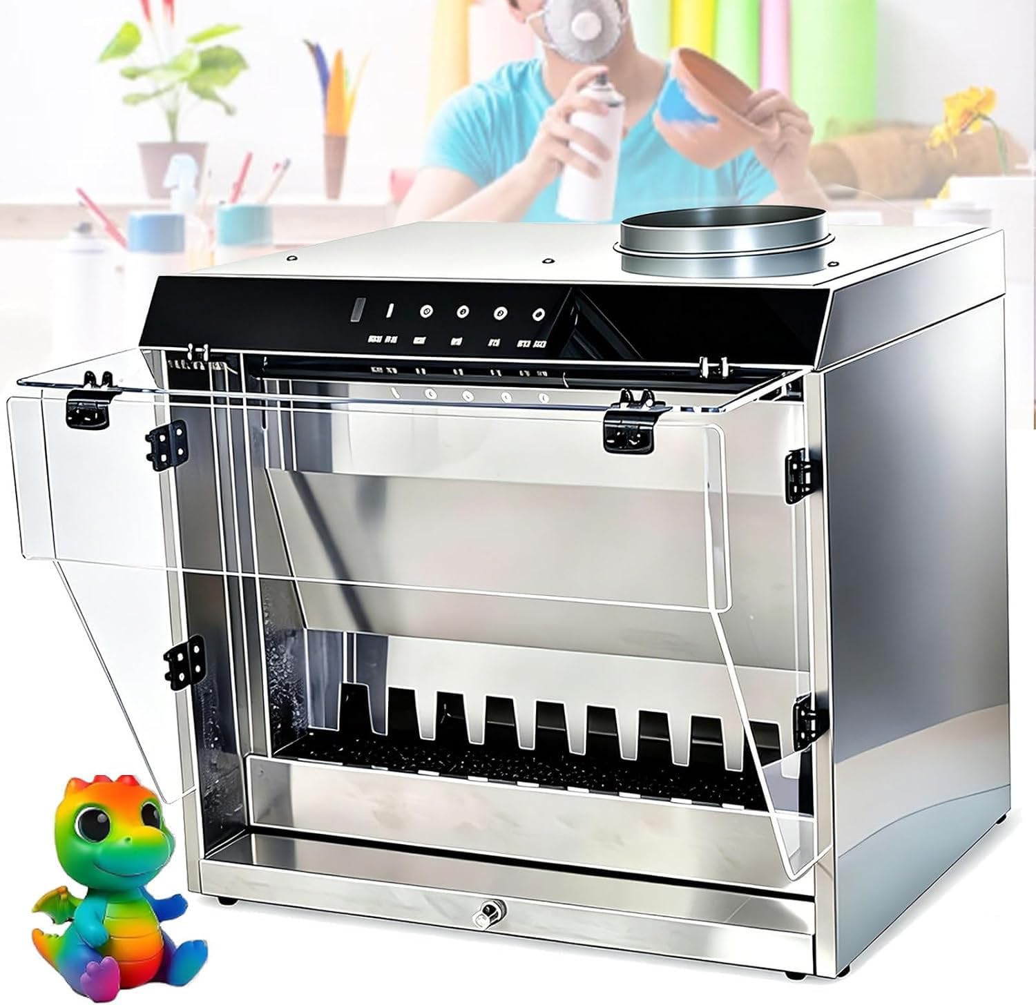 Auto-Lift Pump Water Curtain Booth, 3-Color LEDs & Dust Baffle for Crafts