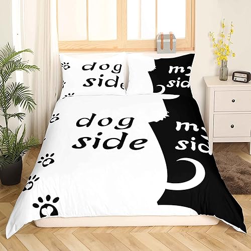 Erosebridal - Juego de cama con diseño estampado blanco y negro Dog side, my side (el lado del perro y mi lado), tierno juego de funda de edredón