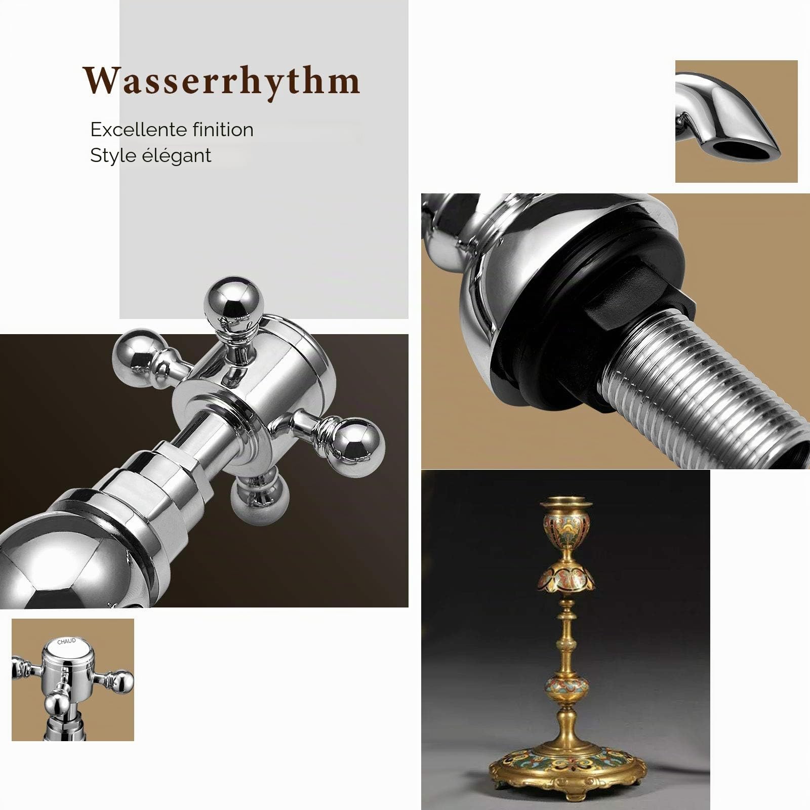 Wasserrhythm Paire de robinets de lavabo cascade Victoria Traditionnels Robinets d'évier de salle de bain en paire classique à levier croisé en laiton chromé
