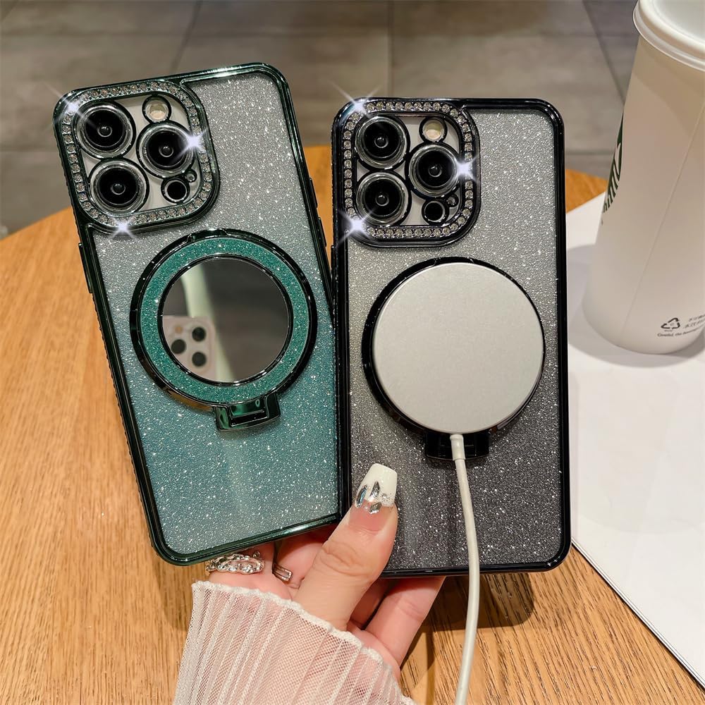 Glitter [Make up Mirror Holder ] Magnetic Kickstand Case for iPhone 15 14 13 12 Pro Max [Compatible with MagSafe] Bling Diamond Pretty Cover Women Girls (Green,for iPhone 15 Pro Max)