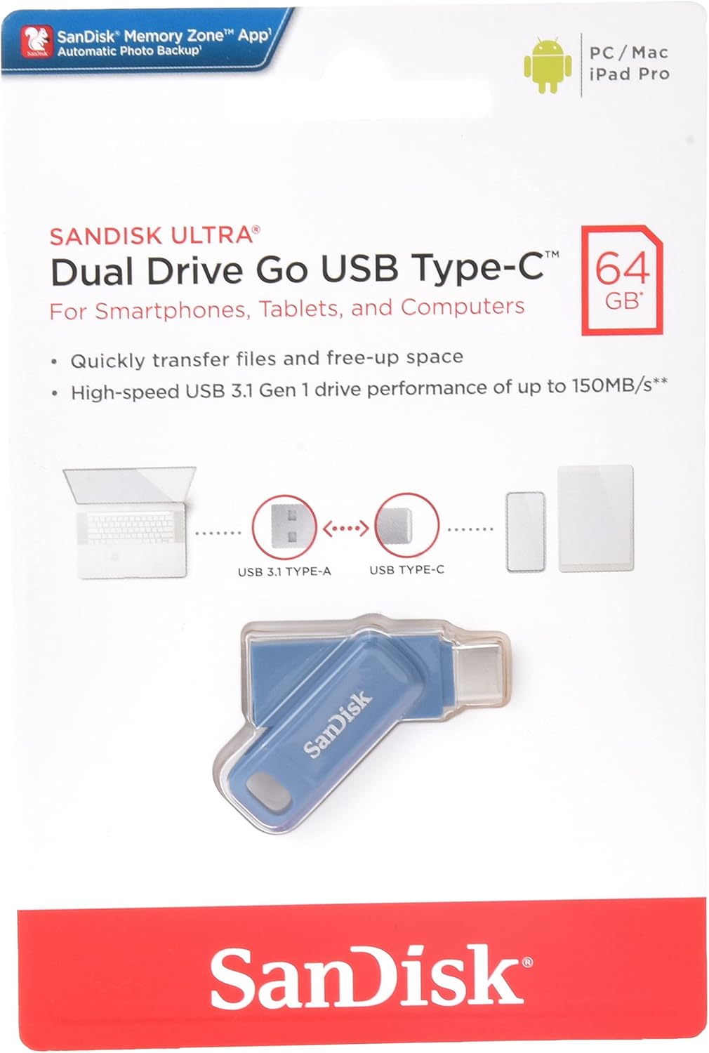 SanDisk Ultra® Dual Drive Go USB TypeCTM Flash Drive 64GB Navy Blue